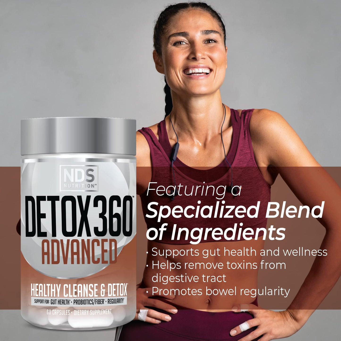 NDS Nutrition Detox 360 Advanced - Complete Cleanse & Detox with Probiotics & Fiber to Support Gut Health & Wellness, Bowel Movements, Regularity & Digestive Function & Remove Toxins (60 Capsules)