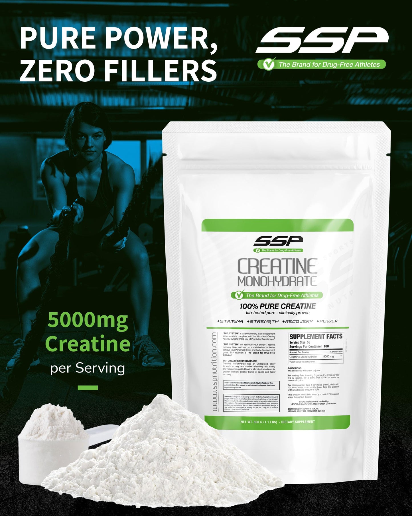 SSP Creatine Monohydrate - Unflavored Supplement for Hydration, Recovery & Muscle Support - Workout & Fitness Nutrition for Women & Men - 100% Pure Creatine