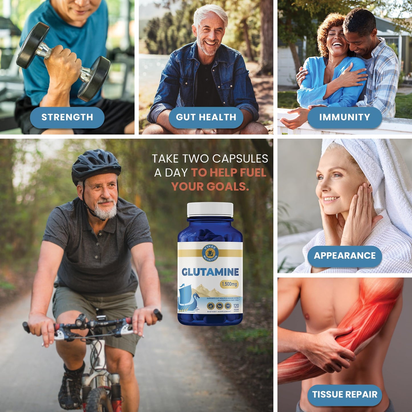 Vykee Nutrition L-Glutamine Capsules - 1500mg High-Potency Amino Acid for Muscle Recovery, Gut Health & Immune Support | Vegan, Non-GMO | 120 Capsules