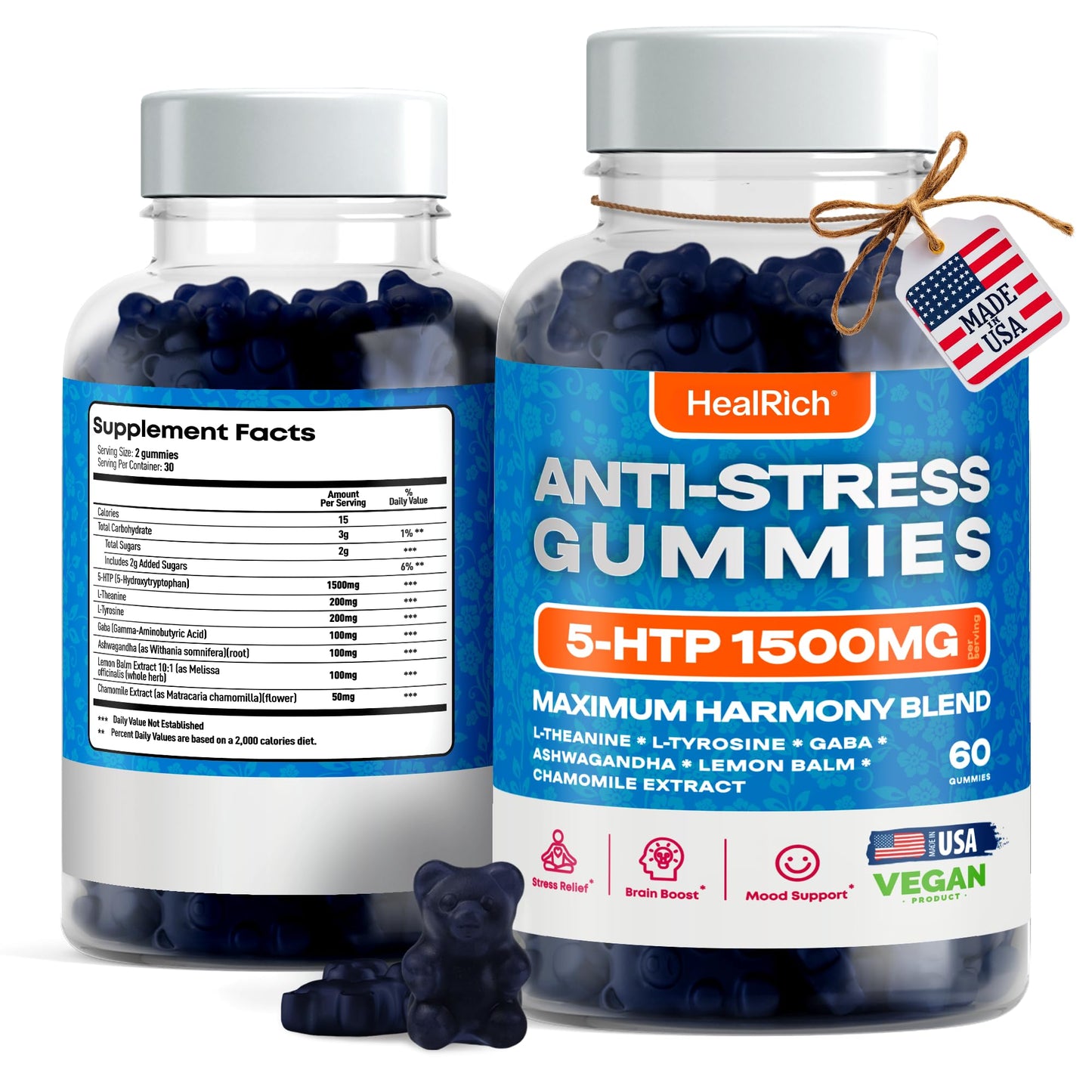 Stress Relief Gummies - 1500MG 5HTP with L-Theanine Gaba & L-Tyrosine - Ashwagandha Herbal Supplement Supports Intellectual Alertness Vegan Brain Mood Booost Supplements for Kids & Adults Made in USA
