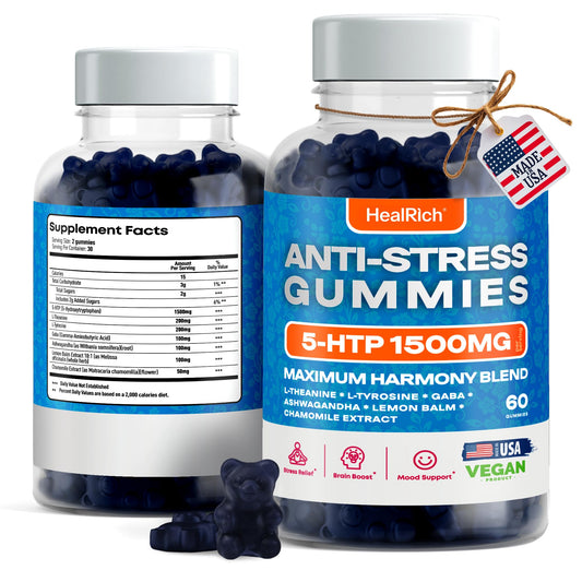 Stress Relief Gummies - 1500MG 5HTP with L-Theanine Gaba & L-Tyrosine - Ashwagandha Herbal Supplement Supports Intellectual Alertness Vegan Brain Mood Booost Supplements for Kids & Adults Made in USA