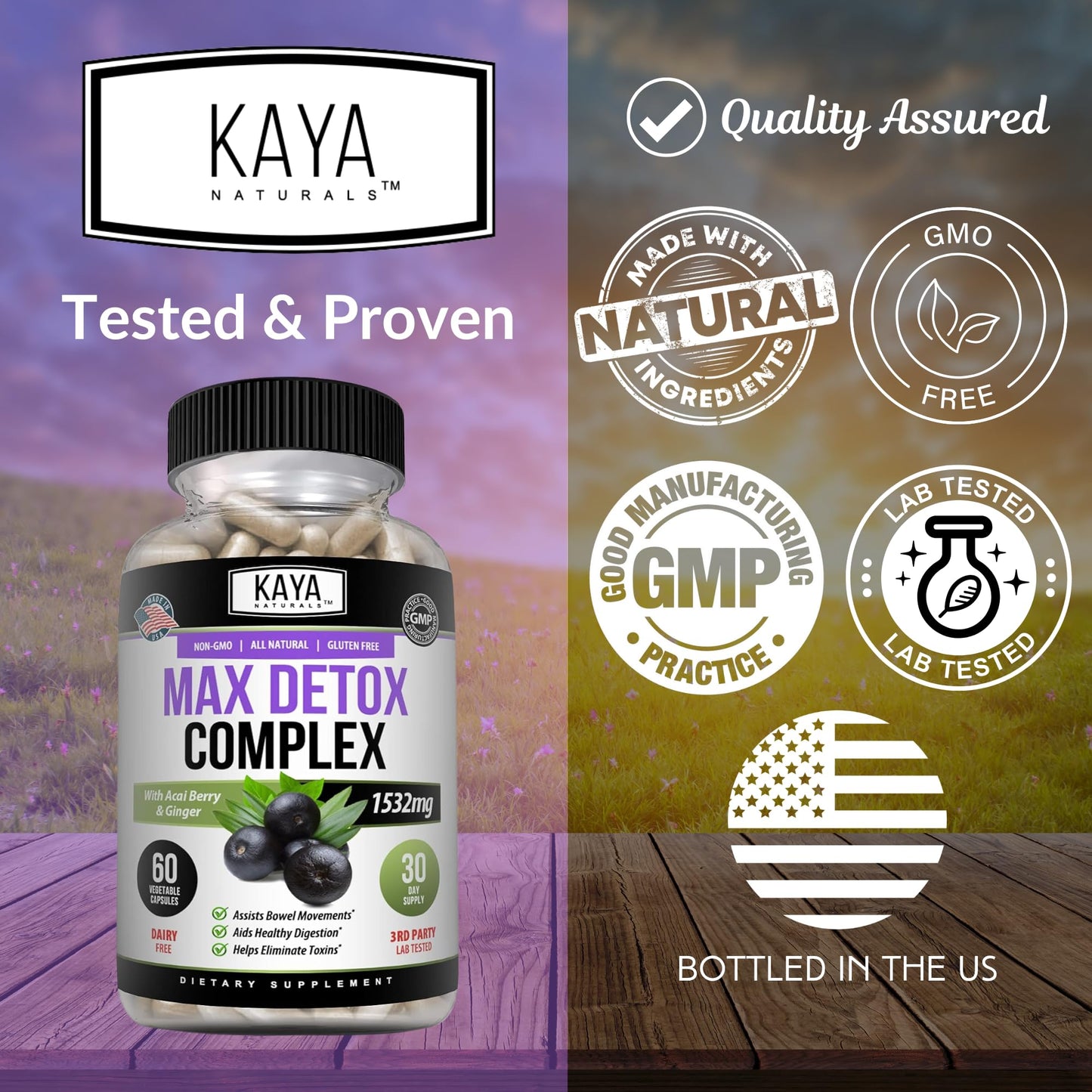 Kaya Naturals Max Detox Herbal Supplement - Natural Ingredients 1532 mg - Psyllium Powder, Acai Berry Extract, Ginger Root 60 Count