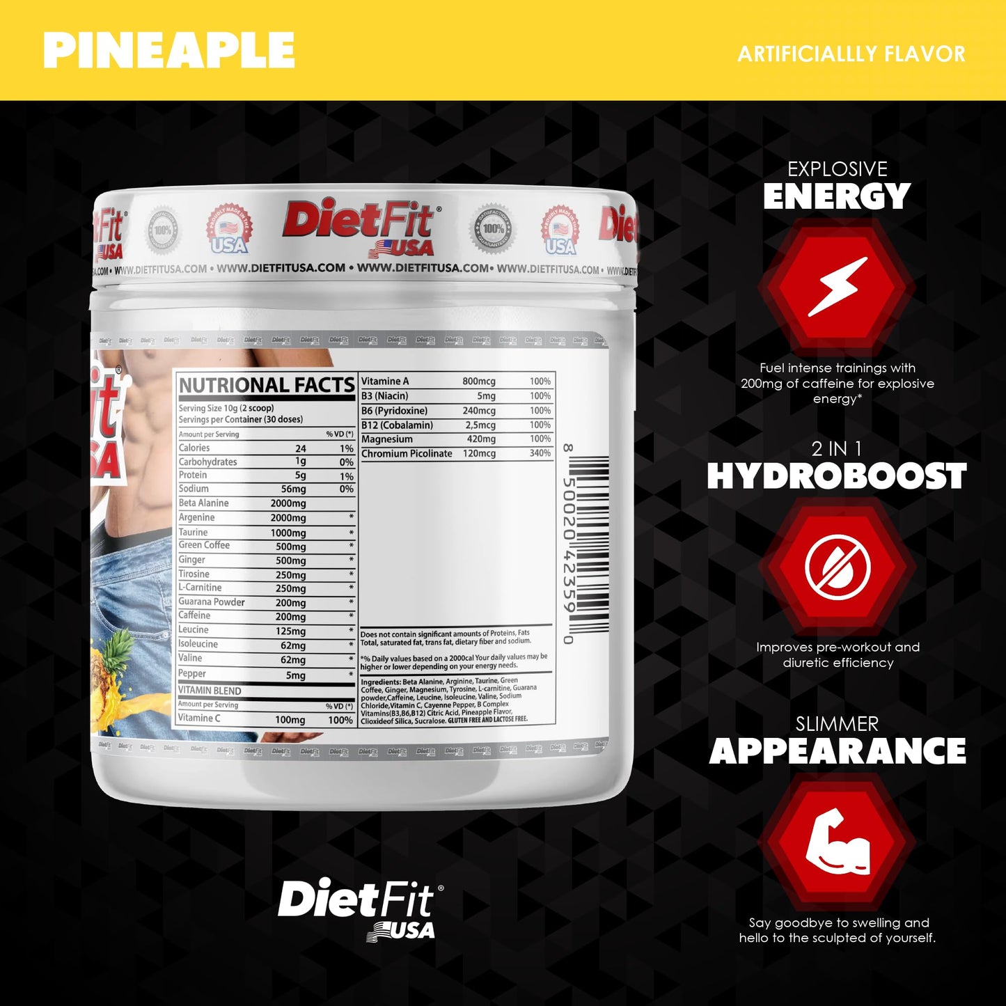 DIETFIT | Pre-Workout and Diuretic 300 Grams | Hydroboost 2-in-1 | Pre-Workout & Diuretic | Intense Energy | Pineapple Flavor | 30 Servings | Fitness Supplements
