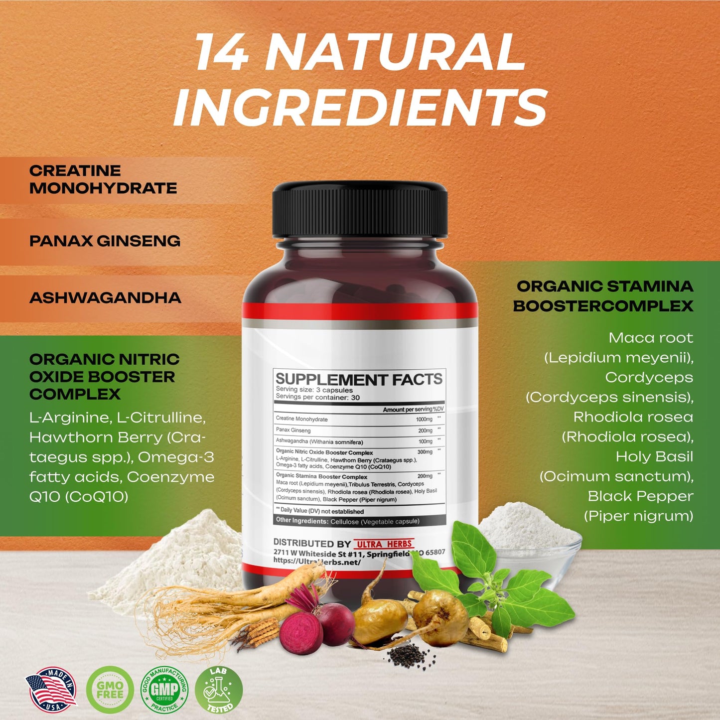 Ultra Creatine Pills | Creatine Monohydrate Capsules Enhanced with L-Arginine, L Citrulline, Ginseng | Support Stamina, Energy & Muscle Growth | 90 Capsules