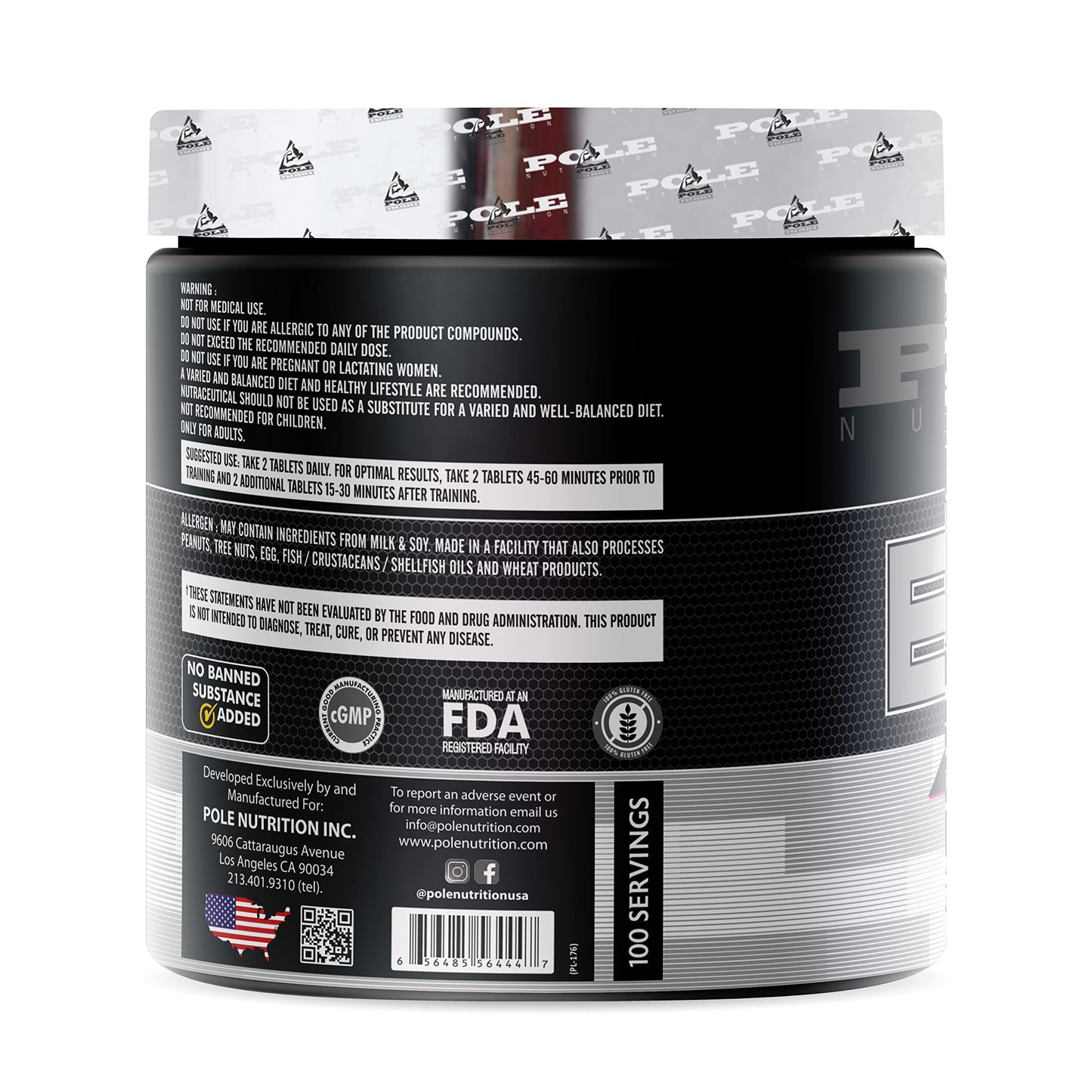 Pole Nutrition BCAA TABS Branched Chain Essential Amino Acids for Muscles Recovery and Performance Includes Vitamins B6 and C | 200 Tablets, 100 Servings