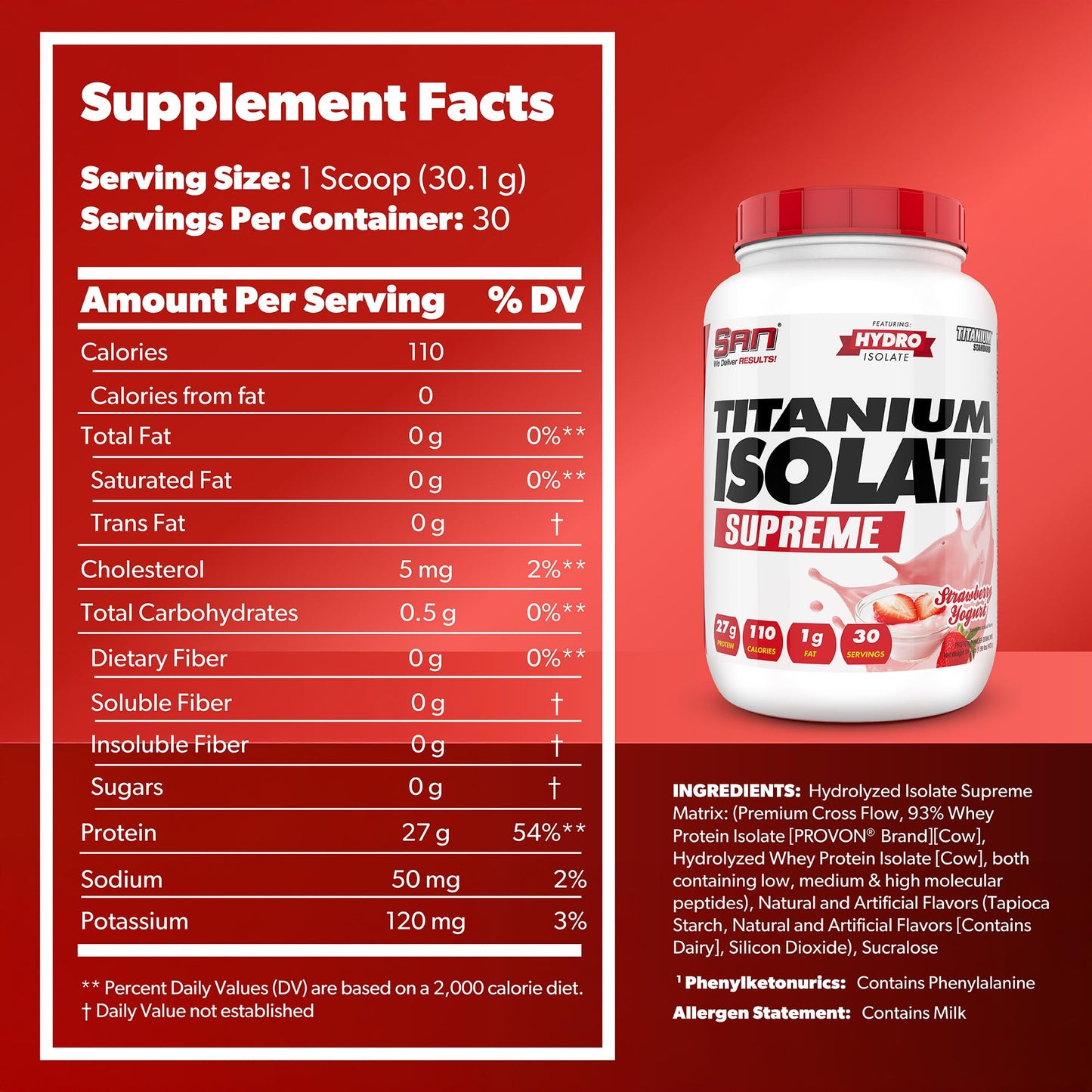 SAN Titanium Isolate Supreme Whey Protein Powder - Strawberry Yogurt Flavor, 1.99 lbs, 27g Protein, 1g Carbs, 30 Servings, Low-Calorie, Muscle Recovery