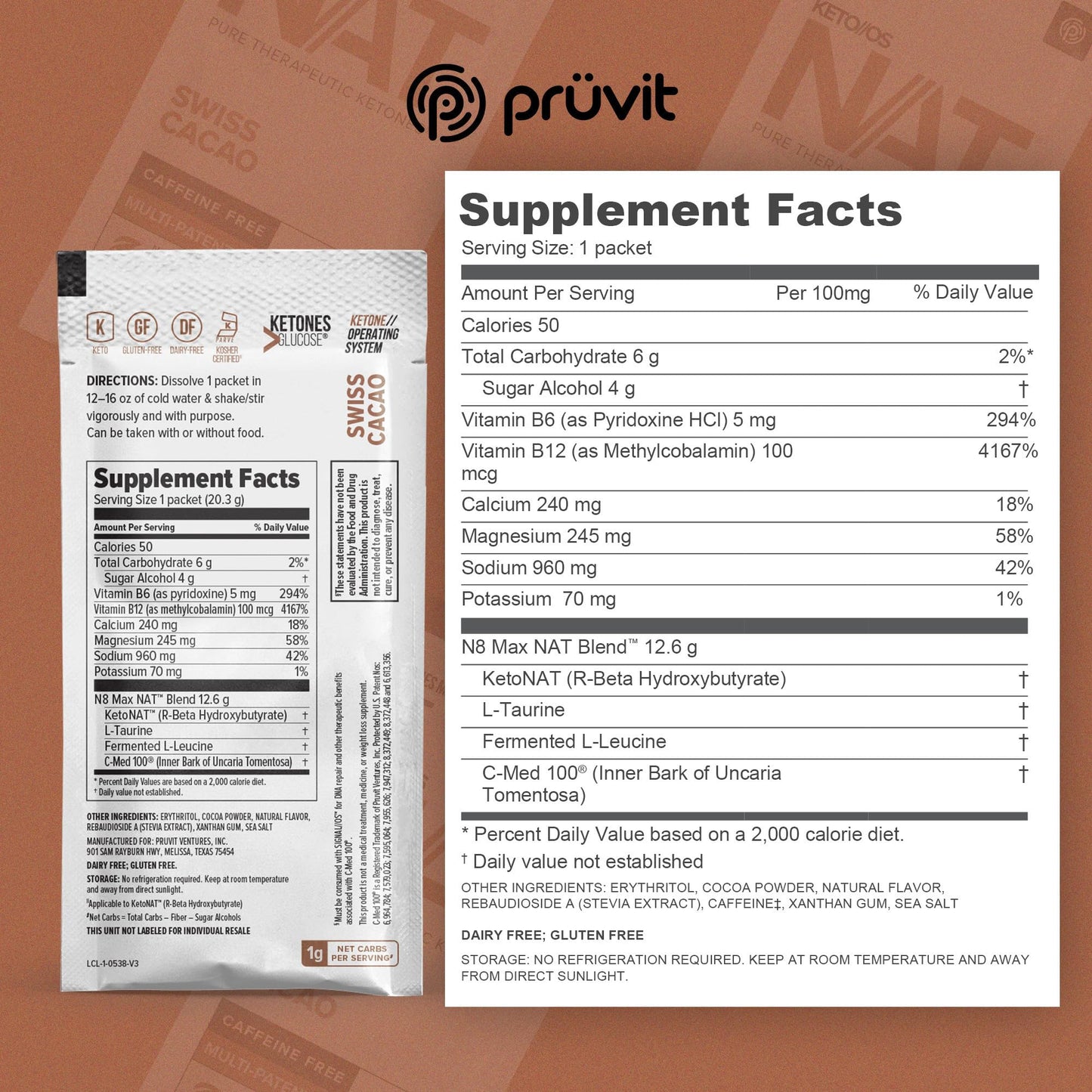 Keto//OS NAT® Swiss Cacao - Caffeine Free - Exogenous Ketones - Supplement for Men and Women (20 Count)