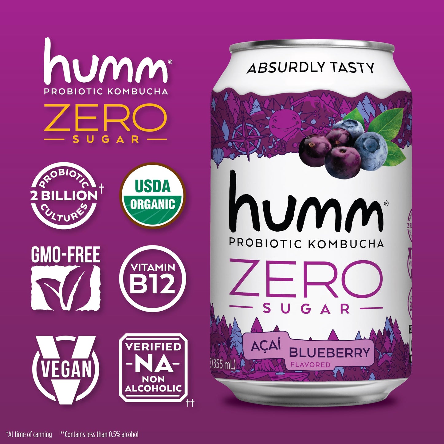 Humm Probiotic Kombucha Zero Sugar Blueberry Acai  No Refrigeration Needed KetoFriendly Organic Vegan GlutenFree  12oz Cans 8 Pack