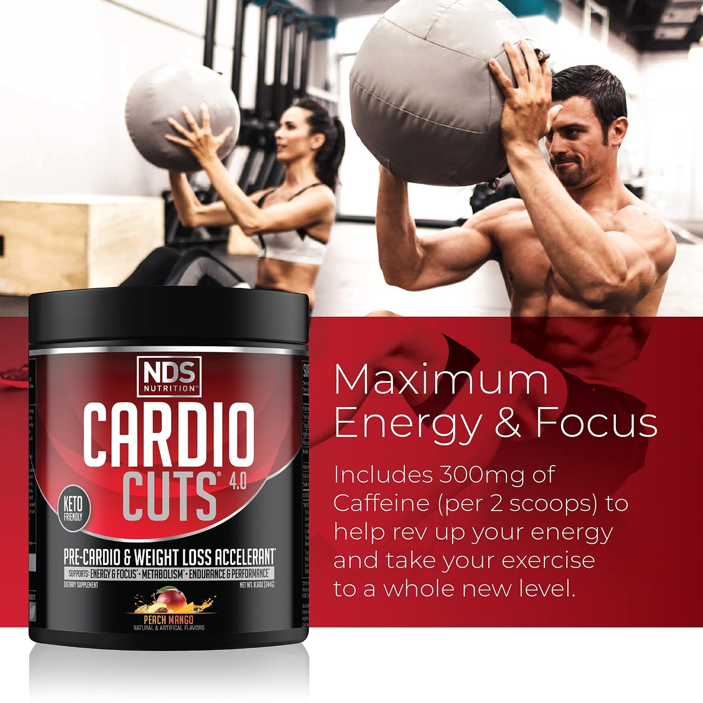 Cardio Cuts NDS Nutrition 4.0 Pre Workout Supplement - Advanced Weight Loss and Pre Cardio Formula with L-Carnitine, CLA, MCTs, L-Glutamine, and Safflower Oil - Peach Mango (40 Servings)