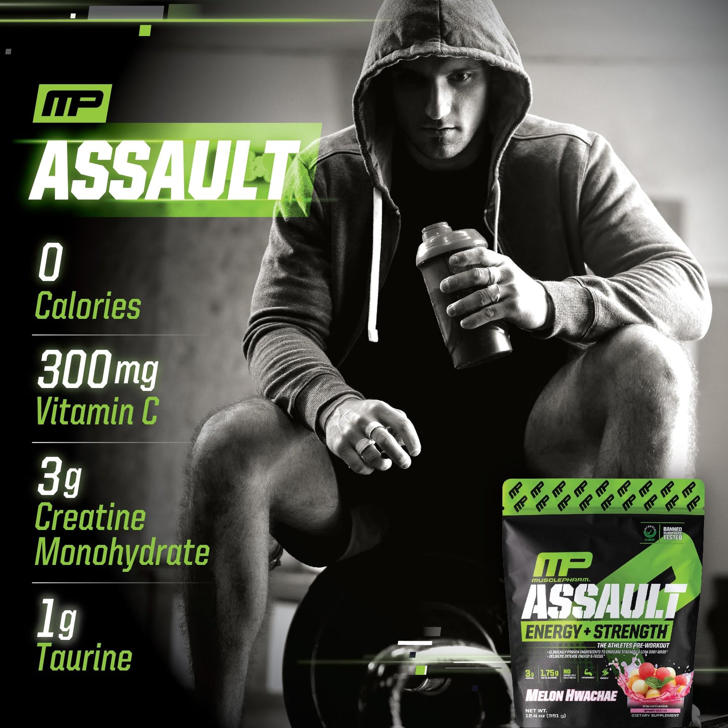 Muscle Pharm Assault Energy & Strength Pre Workout Powder for Men & Women with Beta Alanine, Caffeine, Creatine & Betaine Anhydrous, Pre-Workout Supplements, 30 Servings, Hwachae Melon Flavor