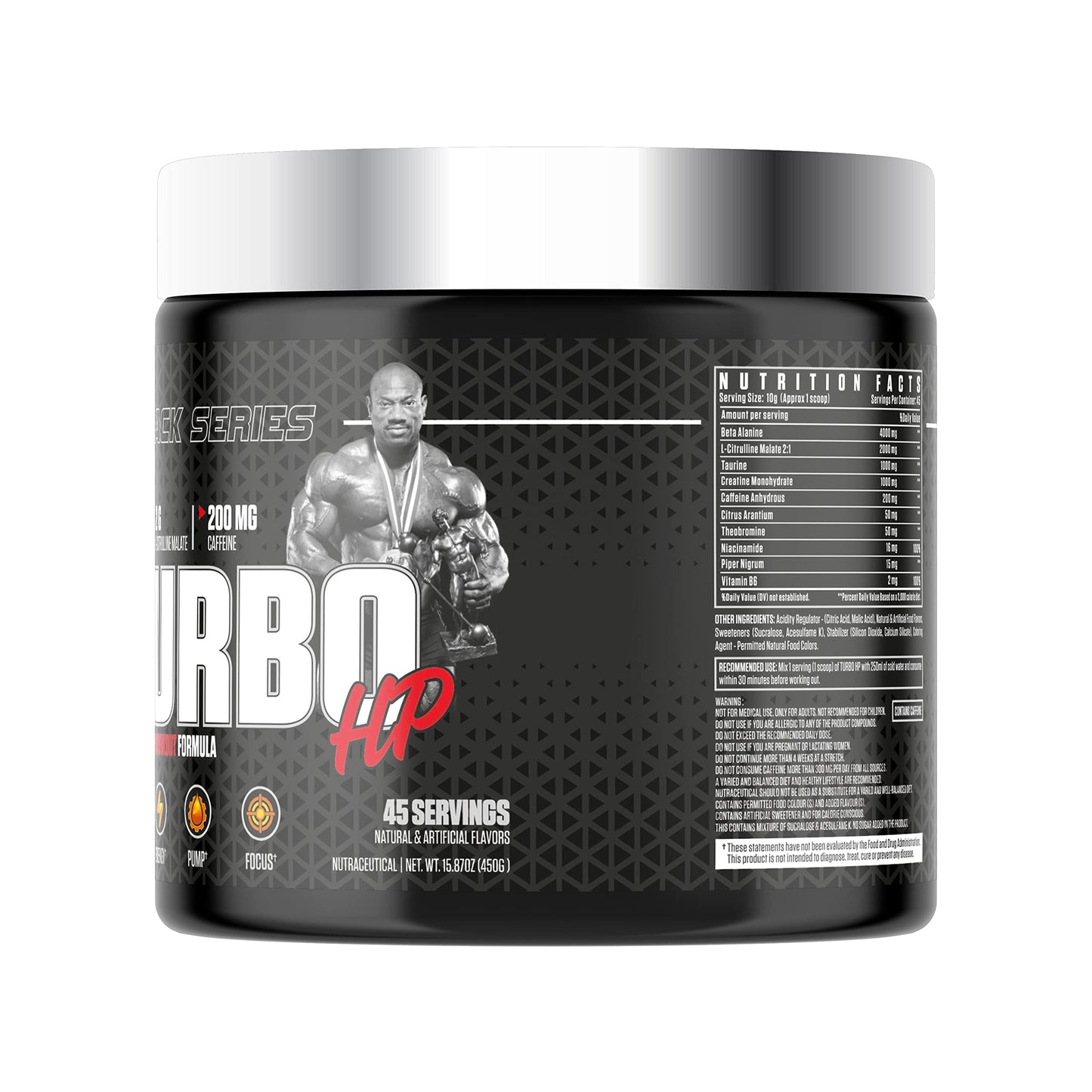 DEXTER JACKSON Black Series Turbo HP Pre Workout | Flavoured, Advanced Formula | Boost Energy and Performance | 45 Servings, 450 Gram (Regular, Green Apple)