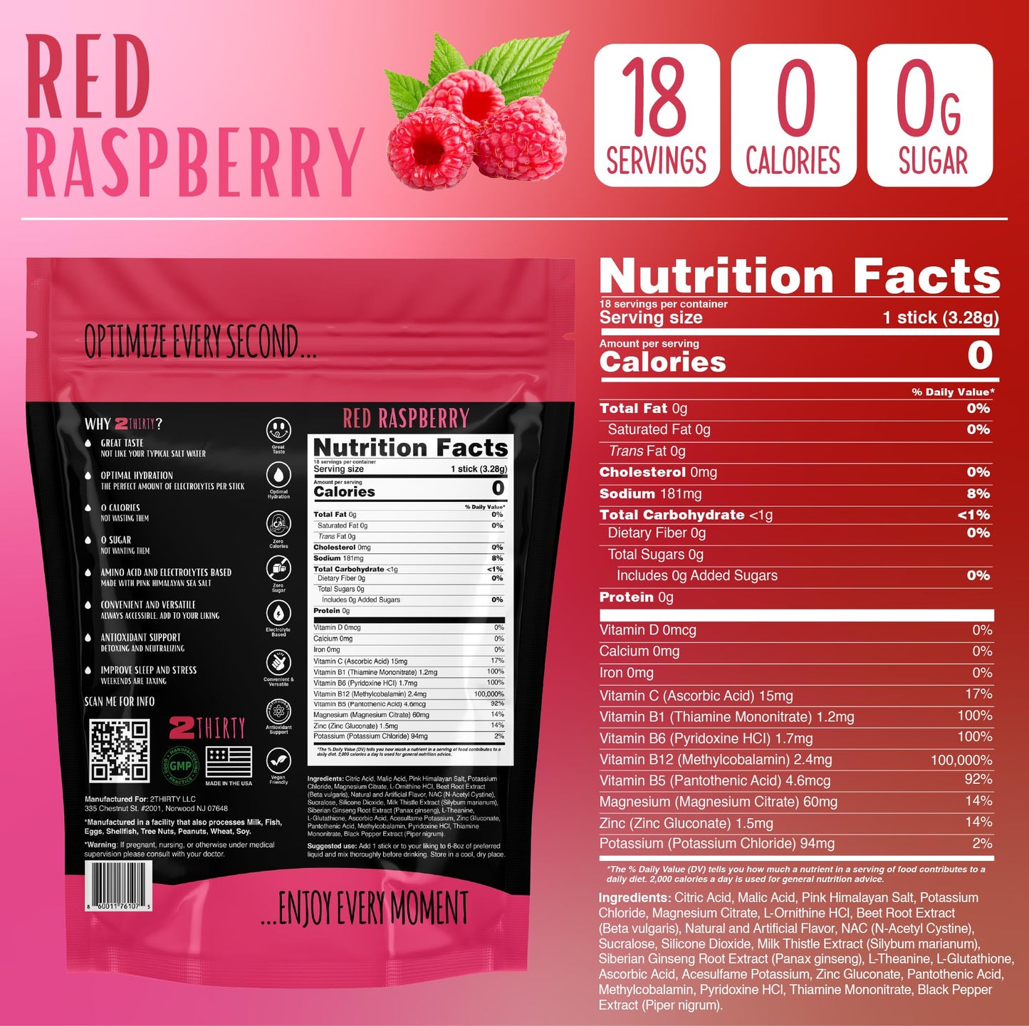 2THIRTY Hydration & Precovery Mixer | No Sugar, Zero Calories | Electrolyte Powder Packets + Vitamin B12, Aminos & Natural Herbs (18 Pack, Red Raspberry)