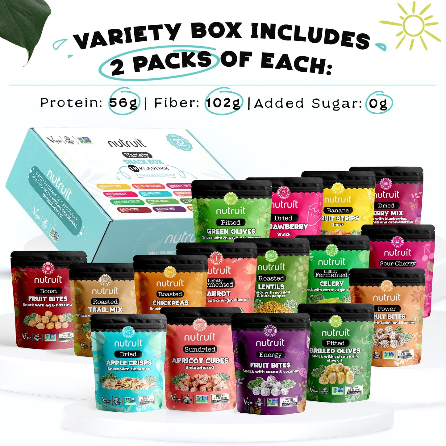 Nutruit Gourmet Healthy Snacks Mega Variety Box Pack of 32 Vegan Gluten Free No Added Sugar Non GMO Kosher Plant Based Protein High Fiber Snack Gift Box for Family Kids Adults 12oz Packs