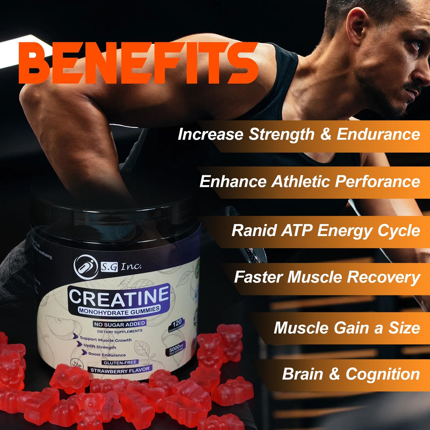 S.G Creatine Monohydrate Gummies for Men & Women ‒ Sugar Free - Vegan - 5g Creatine for Muscle Support ‒ Pre-Work Out Chewable Supplements for Energy Boost ‒ Strawberry Flavored 120ct Gummies.