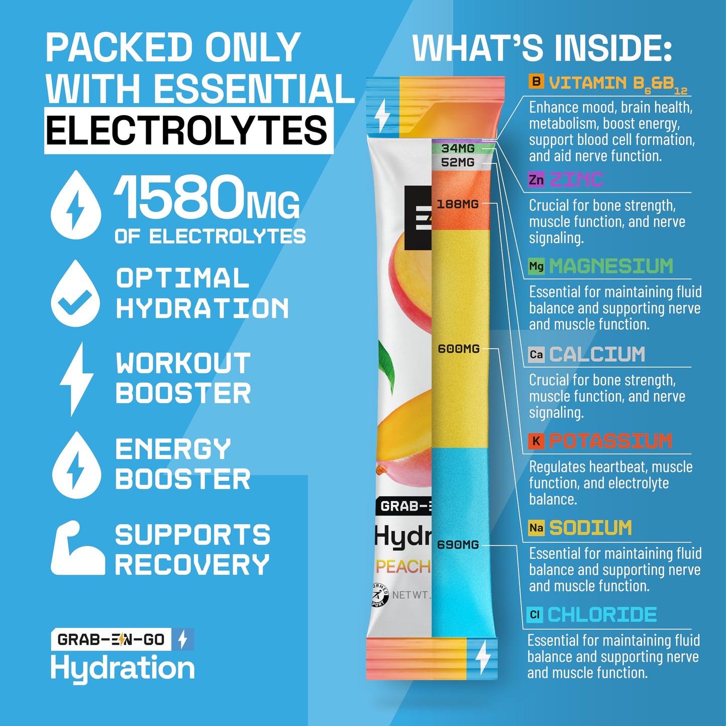 EN Engineered Nutrition, Sugar-Free Electrolytes Powder Packets - Keto Electrolytes Hydration Packets, Single-Serving Electrolytes, No Calories, Vegan, Non-GMO, Organic, Gluten-Free, Peach Mango 18 CT