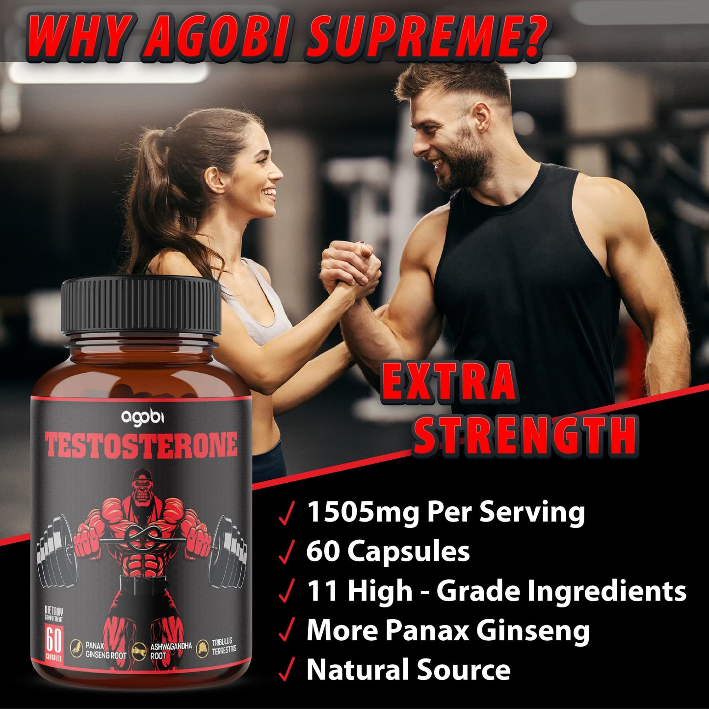 agobi Testosterone Supplement for Men - 11 Potent Herbs - Ashwagandha, Tribulus, Ginseng & More - 60 Capsules for 1 Month