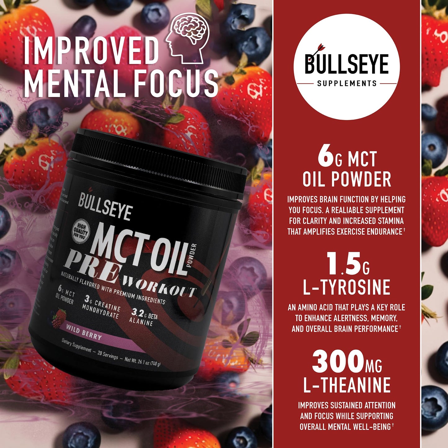 Bullseye MCT Oil Pre Workout Supplement - Creatine Monohydrate, Medium Chain Triglycerides, Beta Alanine, Caffeine, L-Citrulline, Muscle Gainer, Focus, Endurance, Energy -20 Servings - Wild Berry