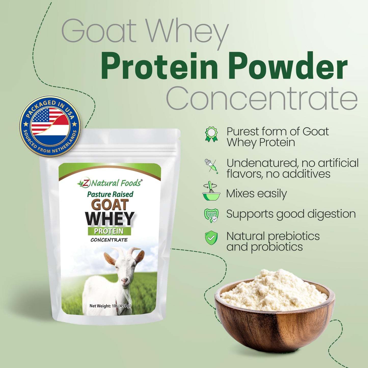 Z Natural Foods Goat Whey Protein Powder Concentrate - Undenatured, Unflavored, Pasture Raised Whey - Clean Goat Protein Powder with Vital Proteins for Weight Management, Immune Support, Fitness, 1 lb