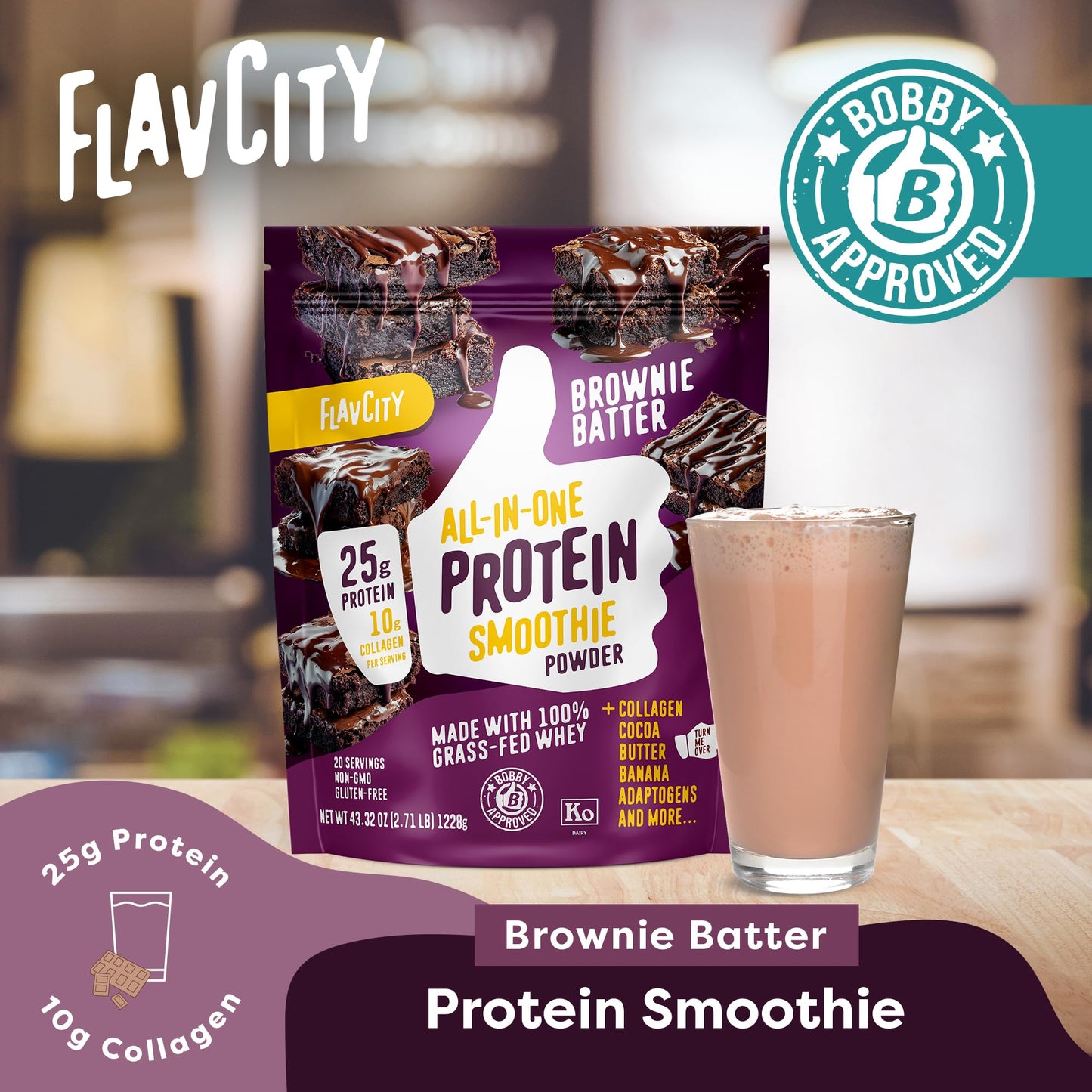 FlavCity All-in-One Protein Powder Smoothie, Brownie Batter - 100% Grass-Fed Whey Protein Powder with 25g Protein & 10g Collagen - Gluten-Free Pre Workout & Post Workout Drink - 20 Servings