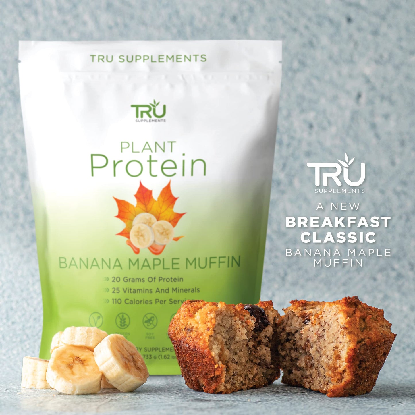 TRU Supplements Plant Based Protein Powder, BCAA, EAA, 20g Vegan Protein, 100 Calories, 27 Vitamins, No Artificial Flavors 25 Servings (Banana Maple Muffin)