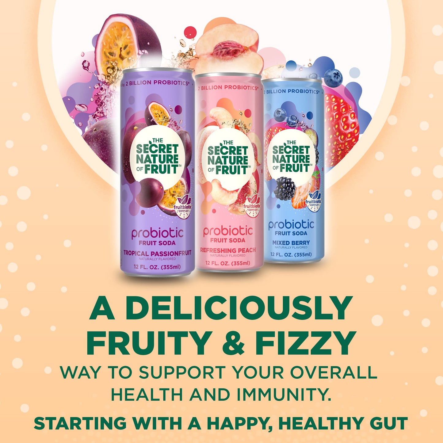 The Secret Nature of Fruit Probiotic Fruit Soda 3Flavor Variety Pack Supports Gut Health  Immunity 2 Billion Probiotics Zero Added Sugar 15 Fruit Juice High in Vitamin C  12oz Pack of 6