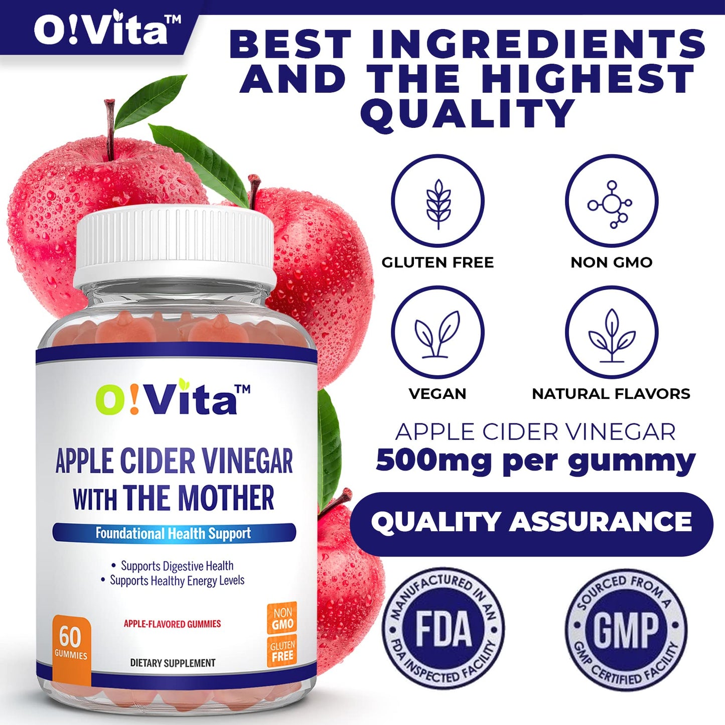 O!VITA Apple Cider Vinegar Gummies with The Mother, Gluten Free, Vegan, Made with Pomagranate, Beet Root, and Vitamin B12 for Energy - 60 Non-GMO Apple Flavored Gummies, up to 2-Month Supply