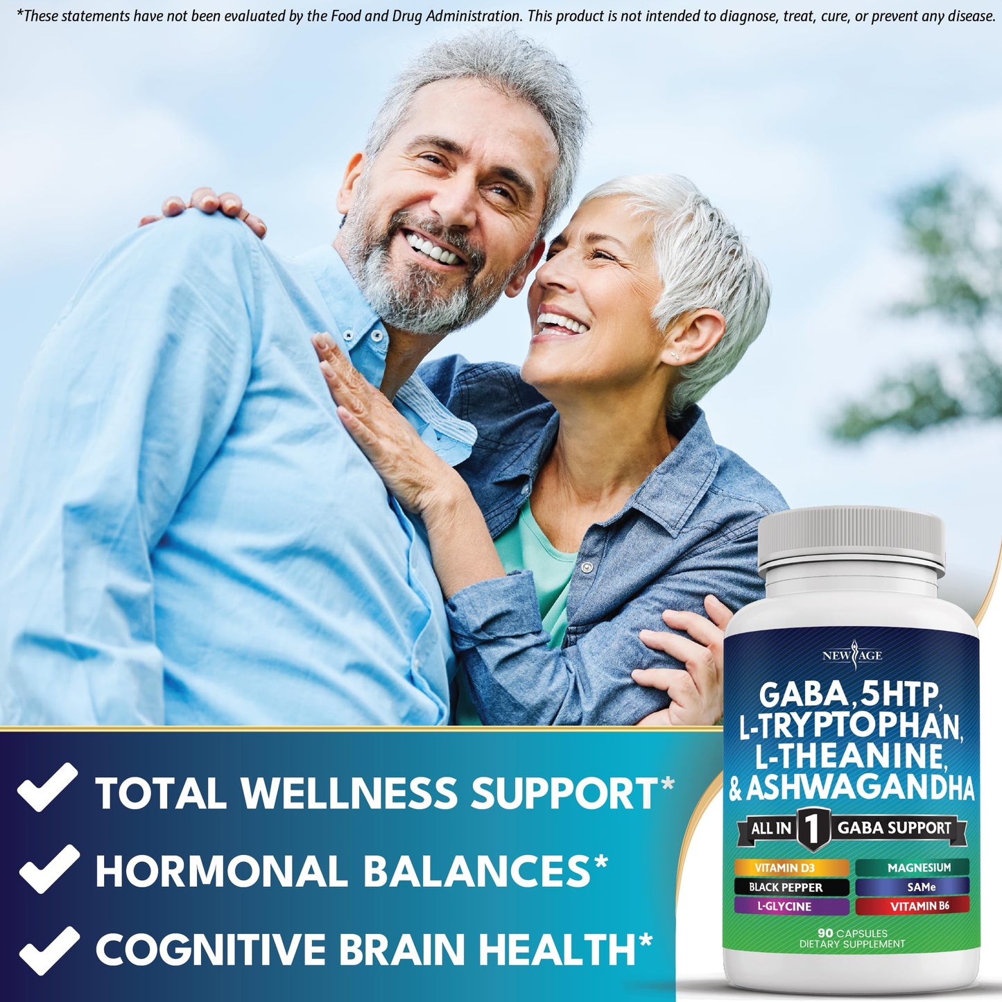 NEW AGE GABA 750mg 5 HTP 200mg L Tryptophan 500mg L Theanine 200mg Ashwagandha SAM-e L-Glycine - Vitamins for Women and Men with L-Tyrosine 5-HTP (5-Hydroxytryptophan) - 90 Count