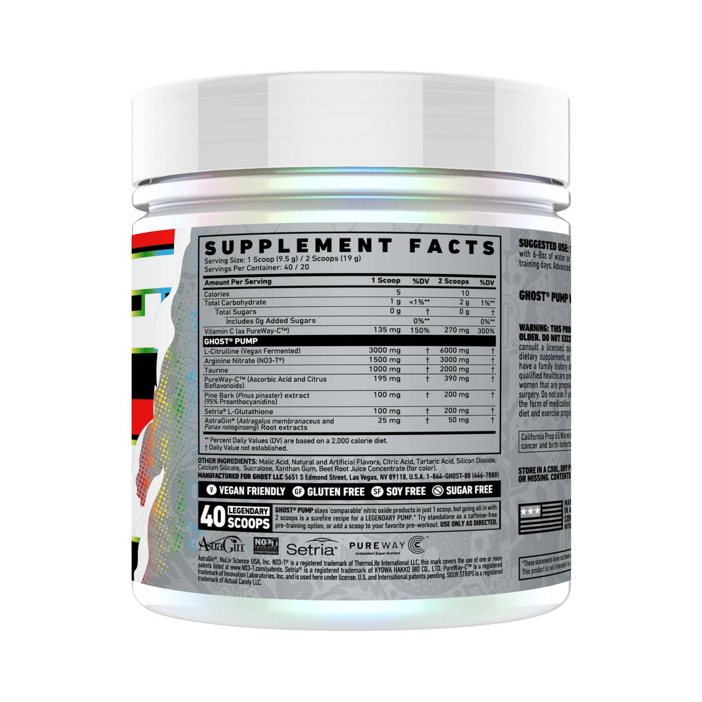 GHOST Pump Nitric Oxide Powder, Sour Strips Rainbow - 40 Servings - Sugar & Stim-Free Pre-Workout Supplements - L-Citrulline, Arginine Nitrate & L-Glutathione - Soy & Gluten-Free, Vegan
