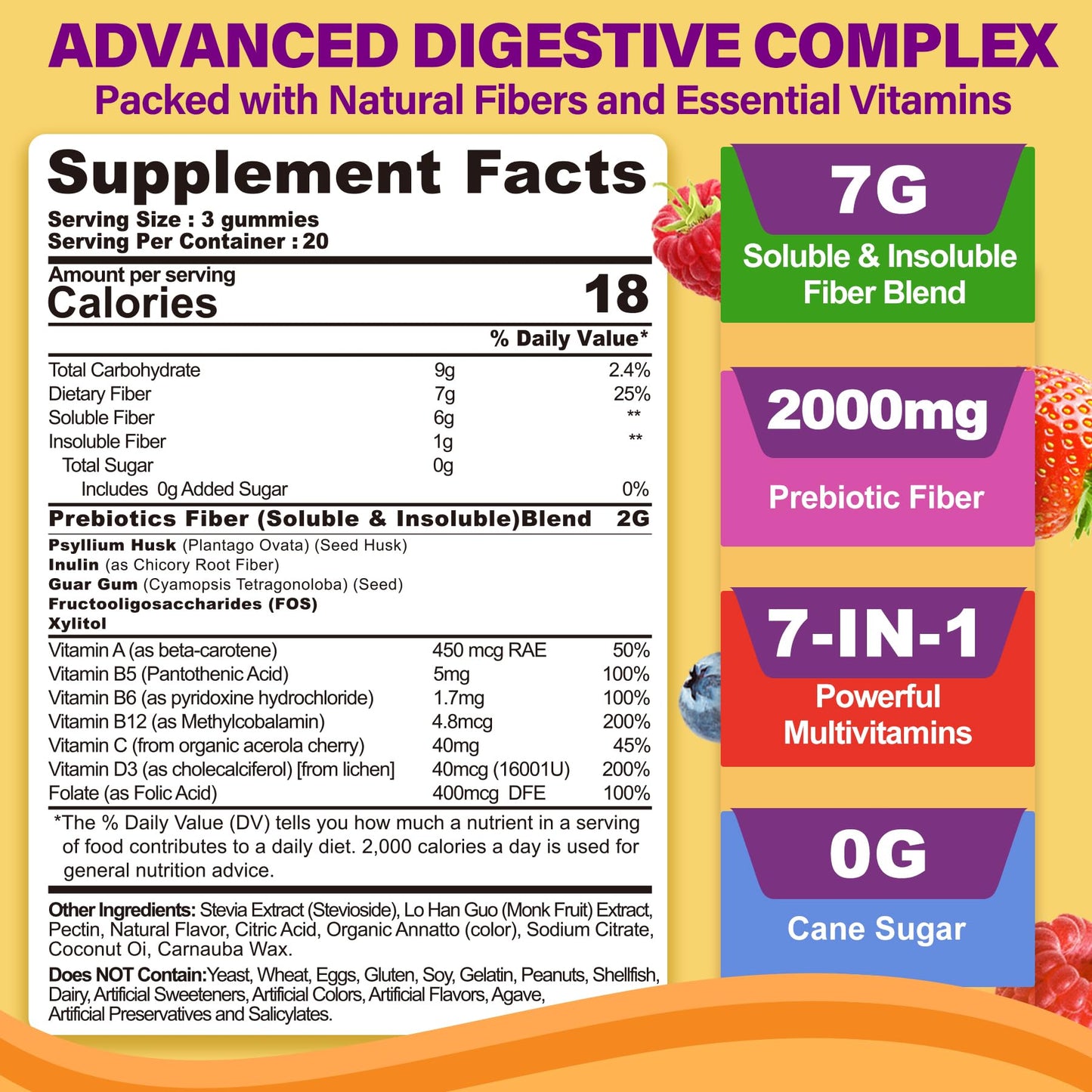 Fiber Gummies with Probiotics for Adults, 7G Soluble Fi ber + Insoluble Fi ber, Sugar Free with Psyllium Husk, Inulin, Fos, Multivitamins for Daily Digestive Health, Regularity Gut Support, Pack of 2