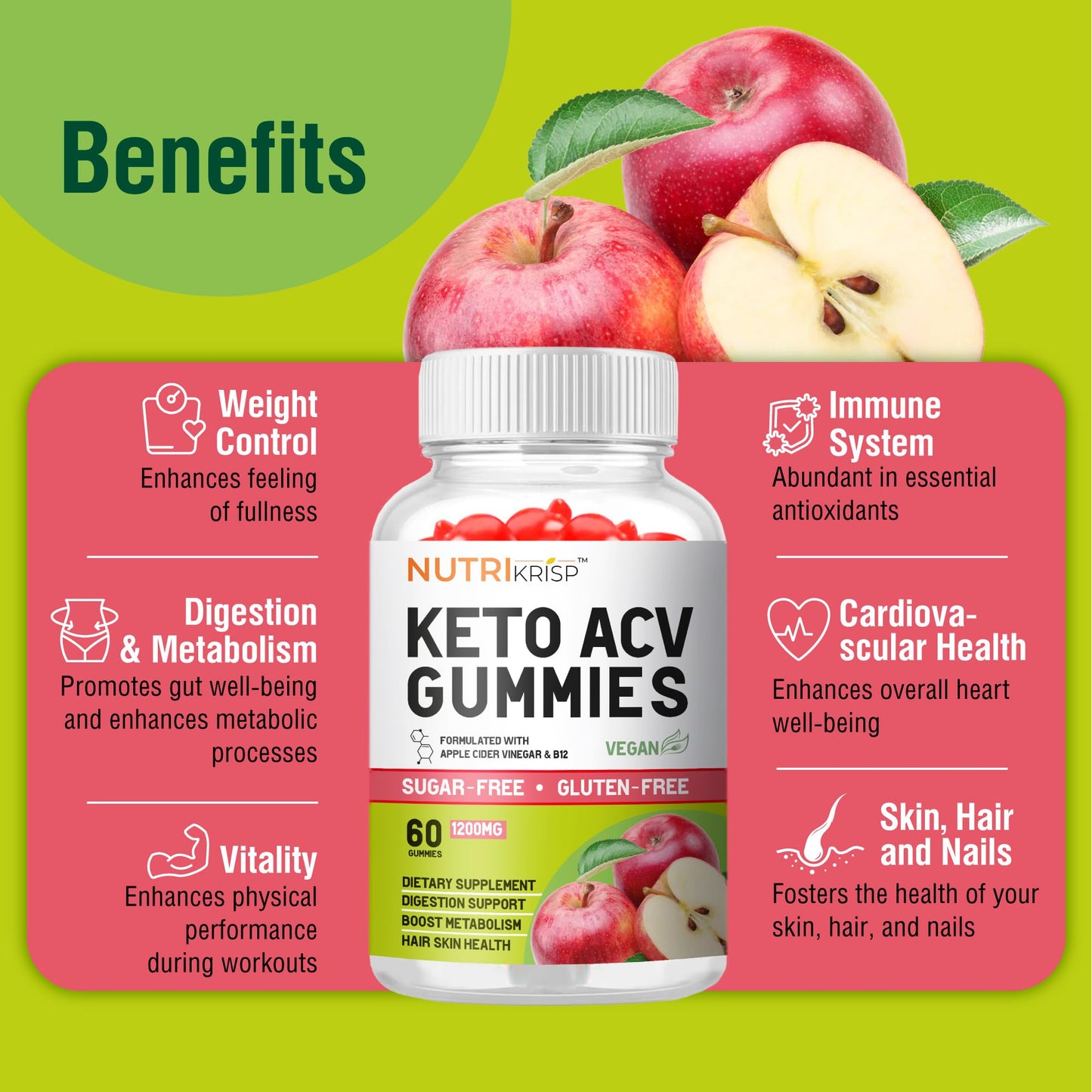 NutriKrisp Keto ACV Gummy - Sugar-Free Gluten Free Pro Active Super Apple Cider Vinegar Supplement for Men Women - Support Digestion Hair Skin (1200MG)