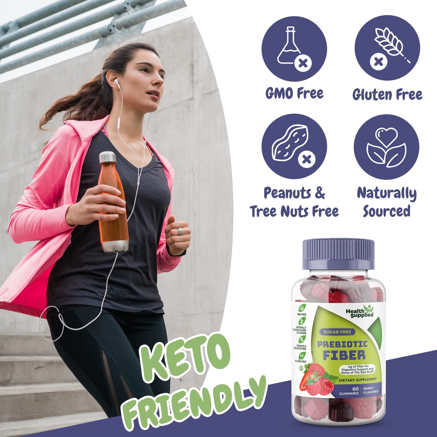 Health Supplied Mixed Berry Flavored Prebiotic Fiber Gummies - Supports Digestive System Gut Cleansing, Constipation Relief - Assists with Weight Loss Plan - Great Tasting and Easy to Swallow