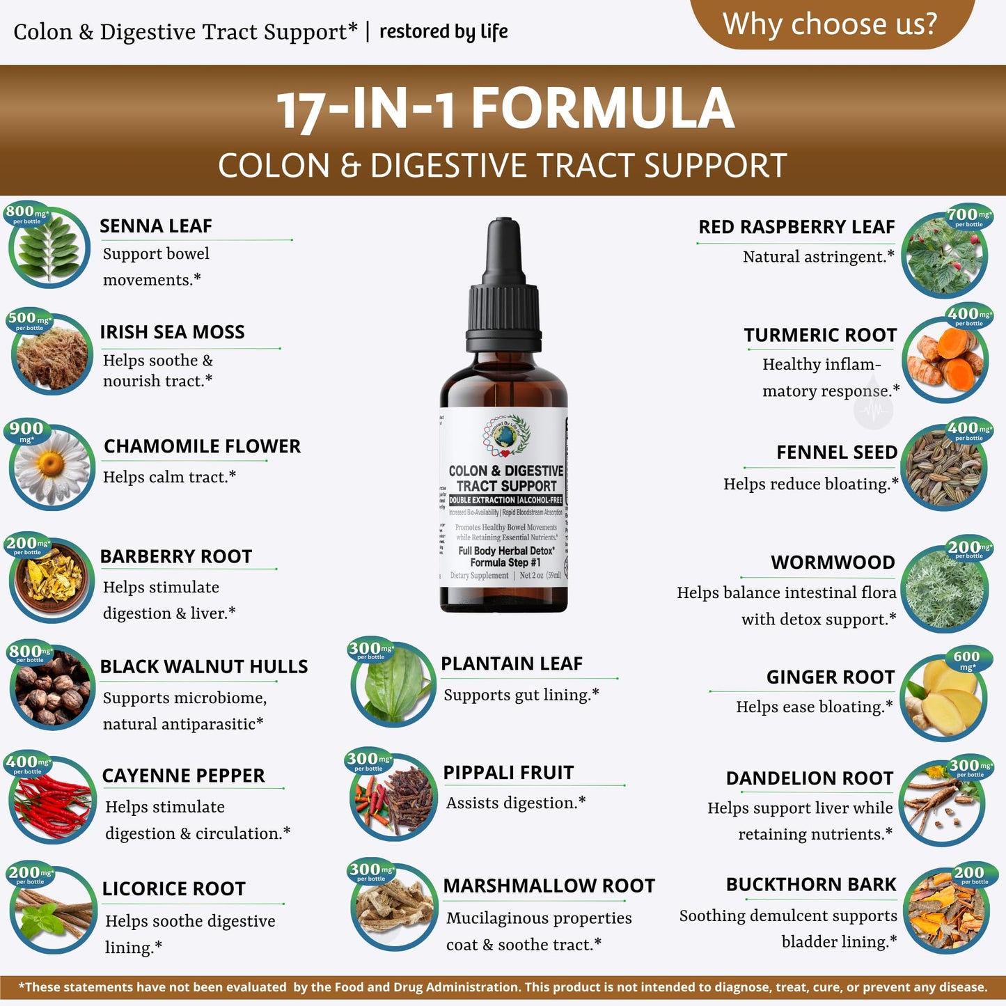 Restored By Life Colon Digestive Tract Support | 2 oz. Liquid Extract Tincture | Detox Cleanse Support Formula