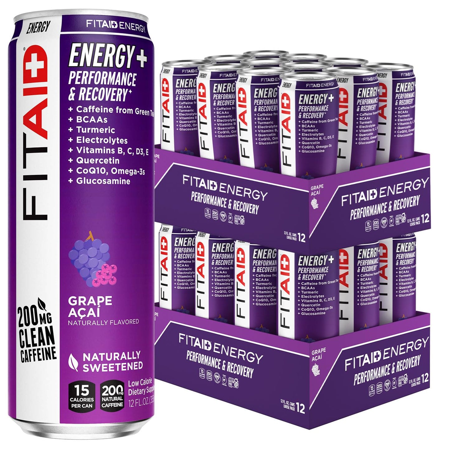 LIFEAID FITAID Energy Grape AÇAI, 200mg Natural Caffeine, Keto, Pre-Workout Performance: BCAAs, Quercetin, Electrolytes, Omega-3s, 15 Calories, Paleo, Vegan & Gluten-Free,12-oz (Pack of 24)