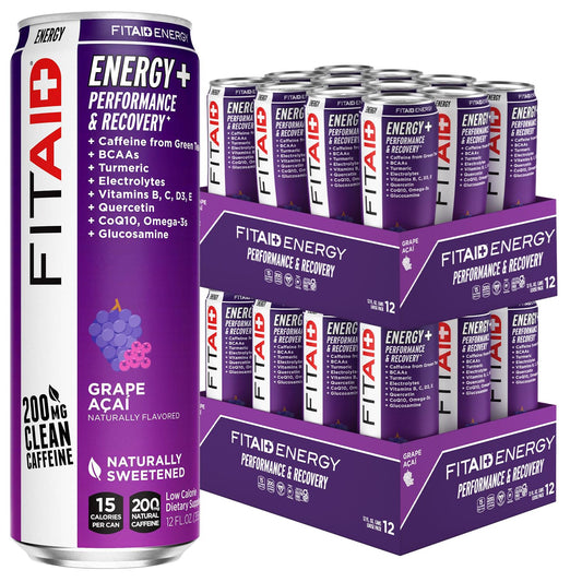 LIFEAID FITAID Energy Grape AÇAI, 200mg Natural Caffeine, Keto, Pre-Workout Performance: BCAAs, Quercetin, Electrolytes, Omega-3s, 15 Calories, Paleo, Vegan & Gluten-Free,12-oz (Pack of 24)