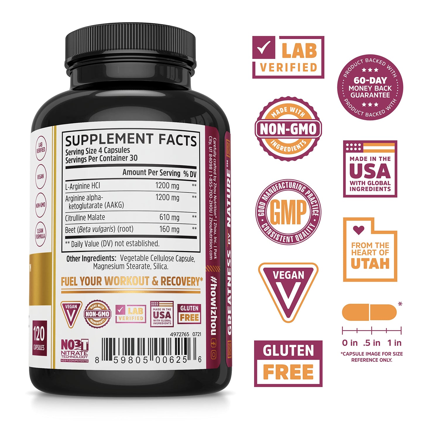 Zhou N.O. Pro - Premium Nitric Oxide Supplement for Men & Women, Heart, Muscle & Blood Support with Beet Root & L Arginine, Natural Nitric Oxide Booster - 120 Veggie Capsules