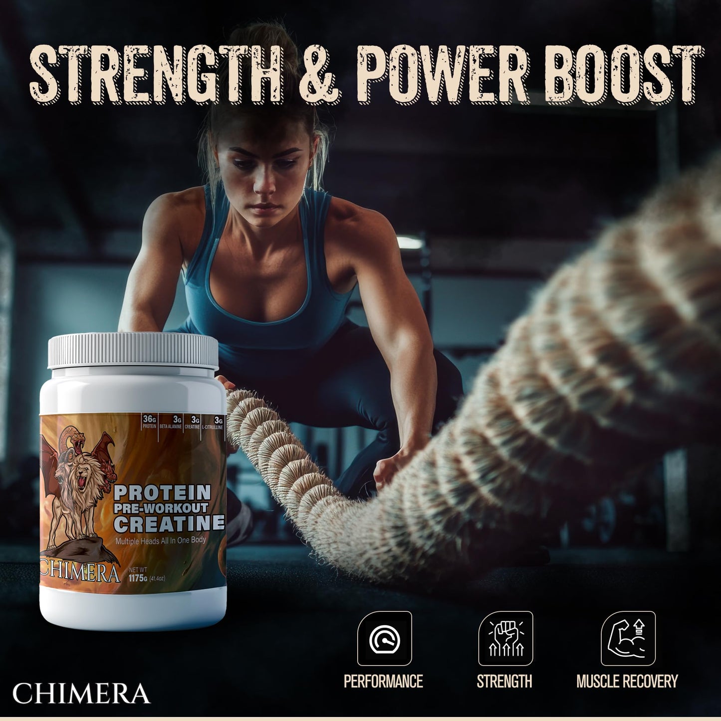 CHIMERA All-in-One Protein & Pre-Workout Powder - 36g Protein, 3g Creatine, Non-GMO, Sugar-Free, Low Sodium, Natural Caffeine from Matcha, No Artificial Flavors
