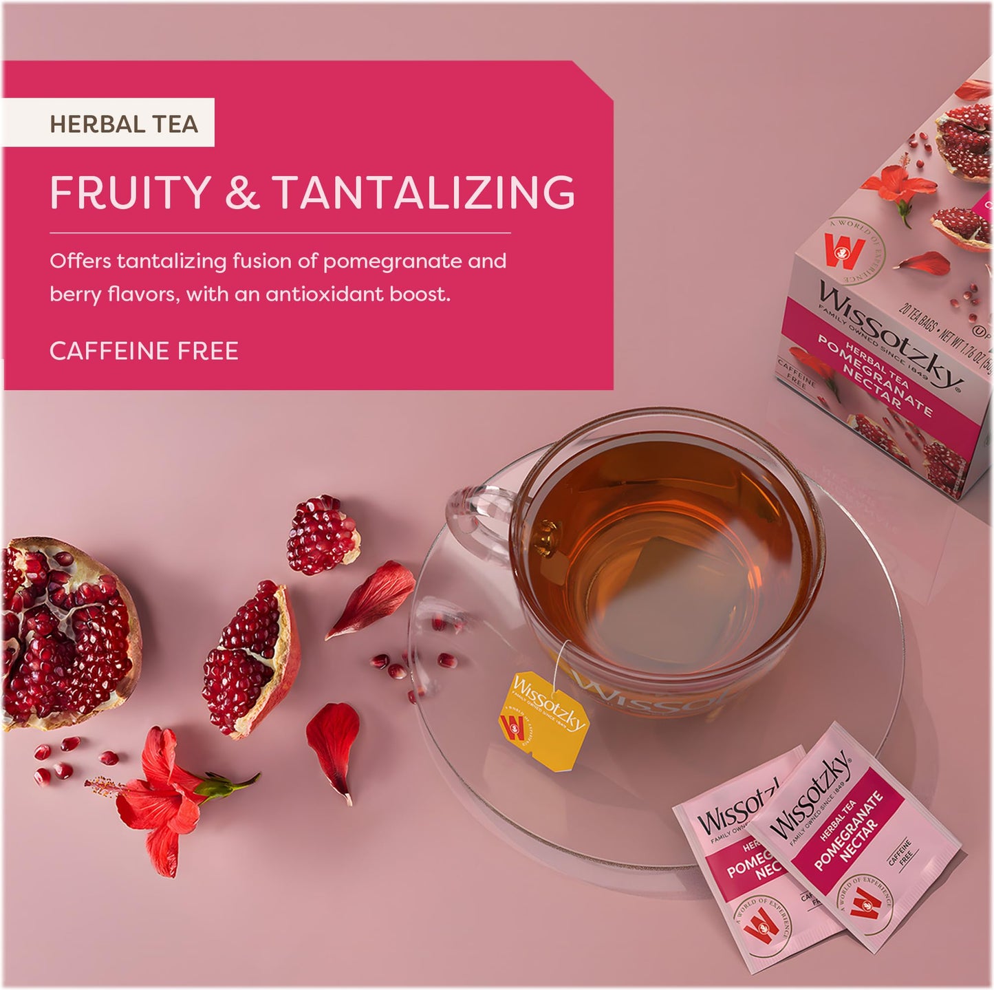 Wissotzky Pomegranate Herbal Tea 3 Pack  60 Tea Bags  Antioxidant Rich  Caffeine Free Tea