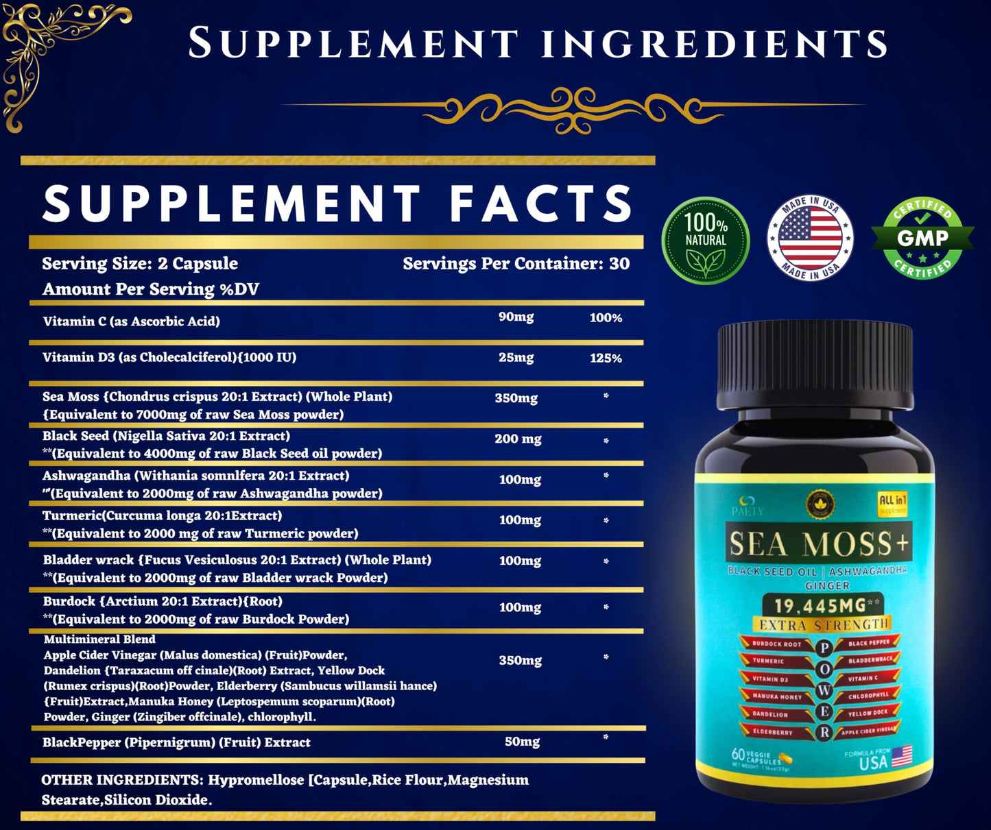 PAETY Premium Sea Moss 7000mg with Black Seed Oil, Ashwagandha, Turmeric, Elderberry, Bladderwrack, Ginger, Manuka, Vitamins C & D3, ACV