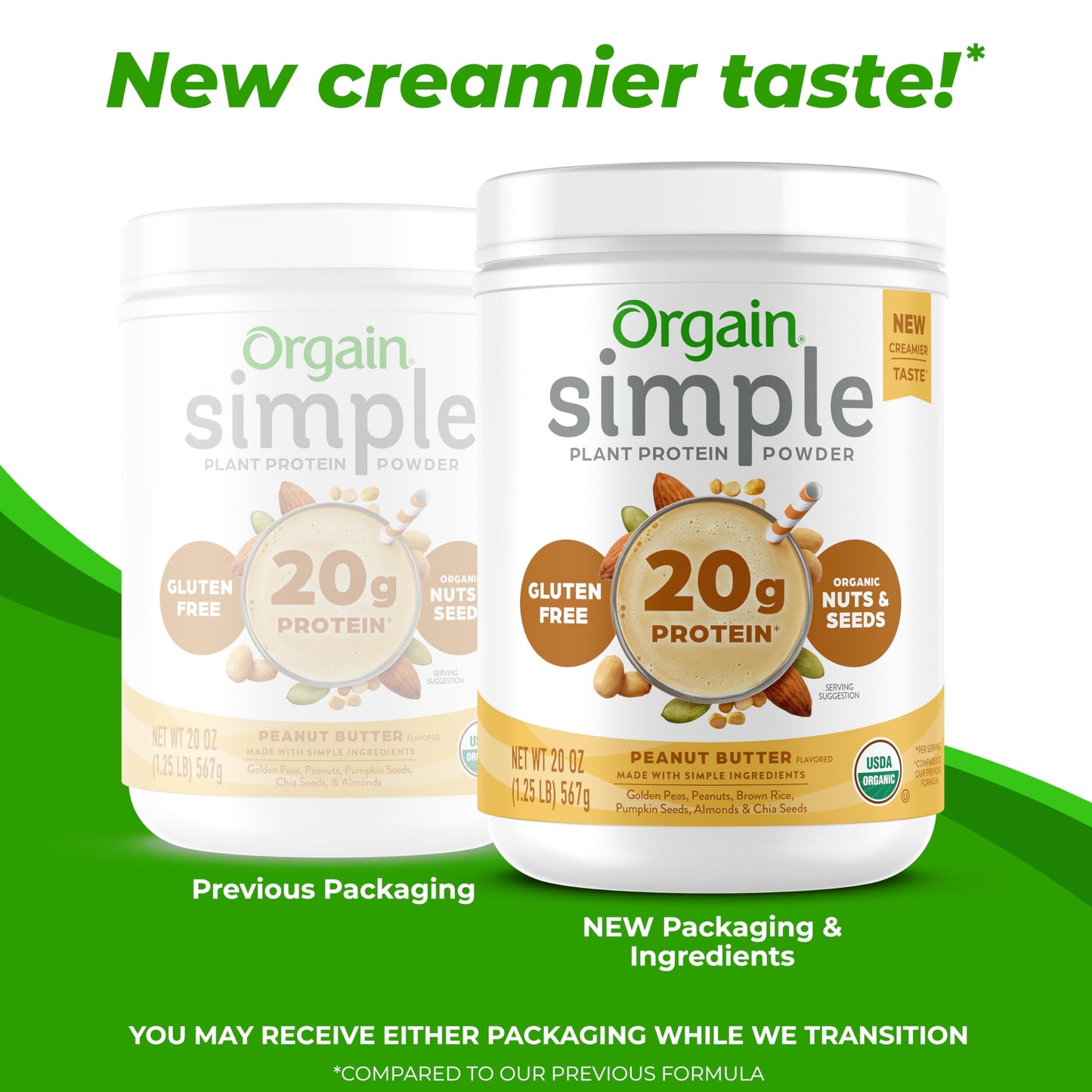 Orgain Organic Simple Vegan Protein Powder, Peanut Butter - 20g Plant Based Protein, With less Ingredients, No Artificial Sweeteners, Gluten Free, No Dairy or Lactose, 1.25 lb (Packaging May Vary)