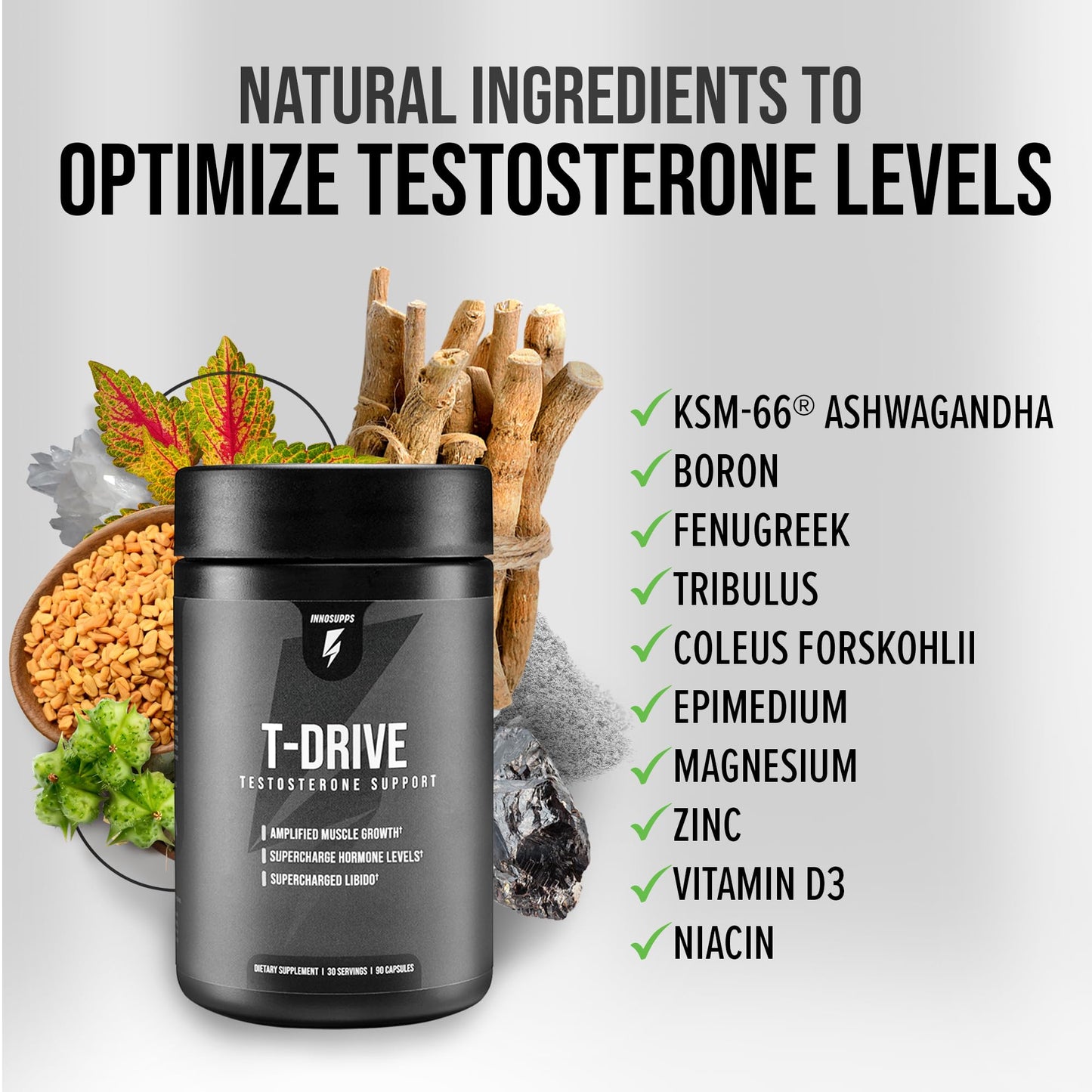 InnoSupps : T-Drive | Testosterone Booster | Amplify Muscle Growth | KSM-66 Ashwagandha, Boron, Fenugreek | 90 Capsules