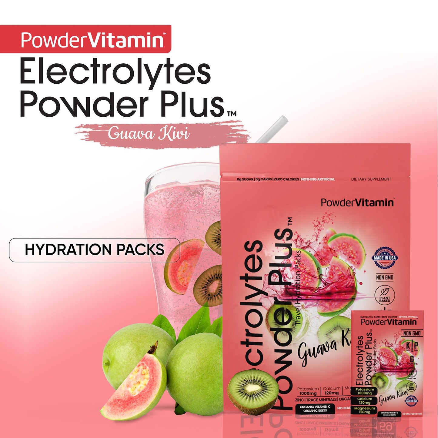 PowderVitamin Electrolytes Powder Plus, Keto, Guava Kiwi, Zero Sugar, 1000mg Potassium, 120mg Calcium, 120mg Magnesium, Non-GMO, Zero Calories, 30 Hydration Packets