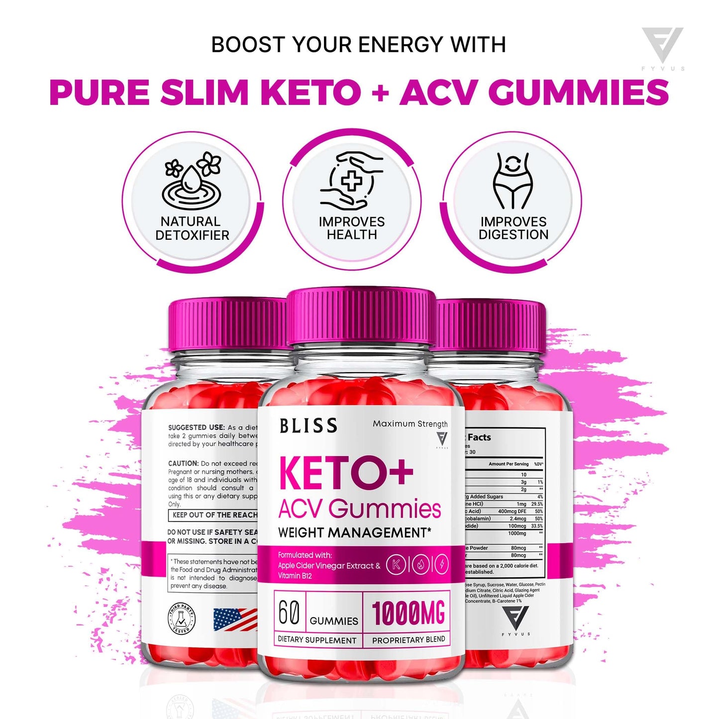 Bliss Keto ACV Gummies Advanced Support, Bliss Keto Gummies, Keto Bliss Maximum Strength Keto+ ACV Apple Cider Vinegar Folate Vitamin Supplement, Blissketo Keto+ACV 1000MG Folic Acid (60 Gummies)