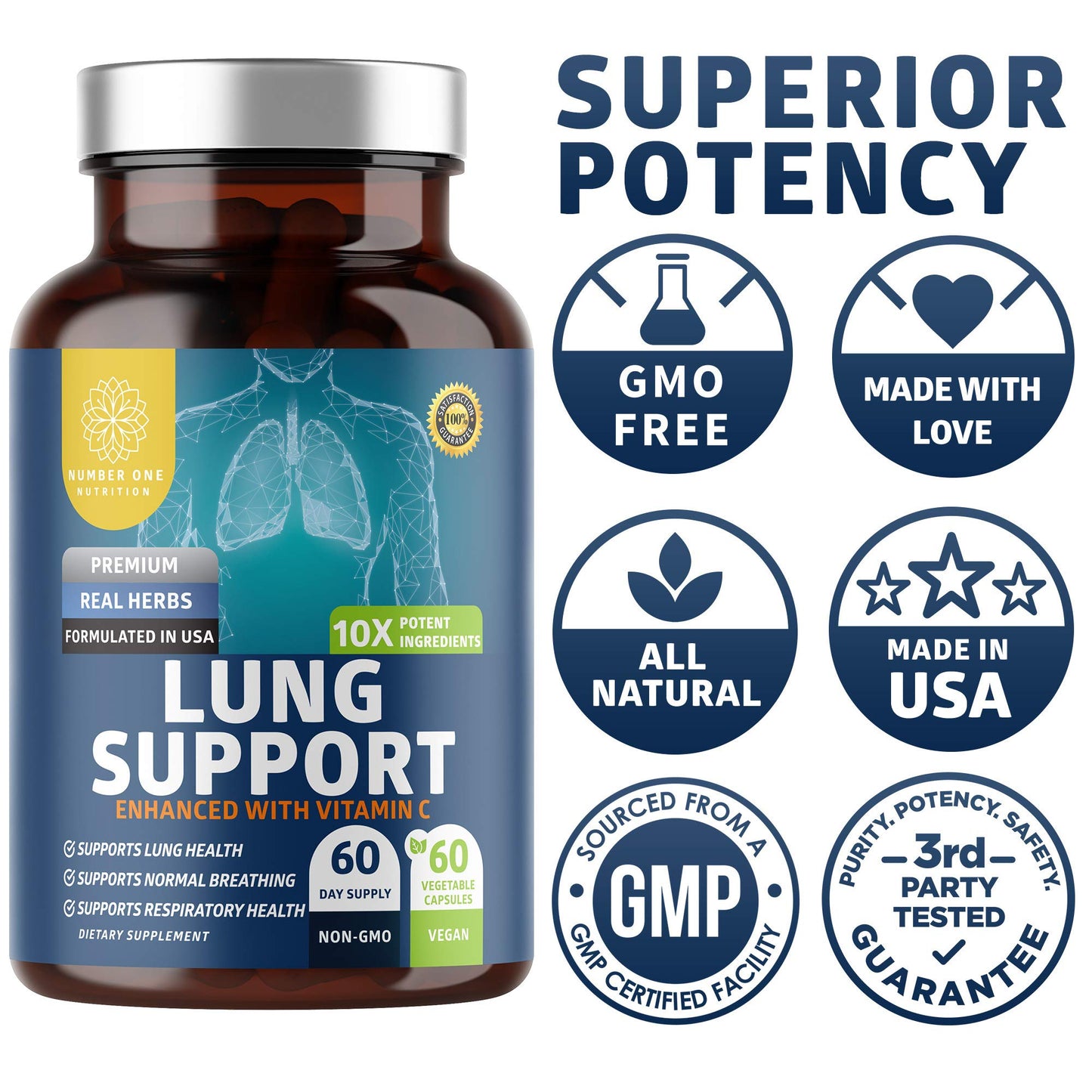 Number One Nutrition N1N Premium Lung Support Supplement [10 Potent Ingredients] Natural Lung Cleanse & Detox with Quercetin, Bromelain and Vitamin C to Help Support Respiratory Health, 60 Veg Caps