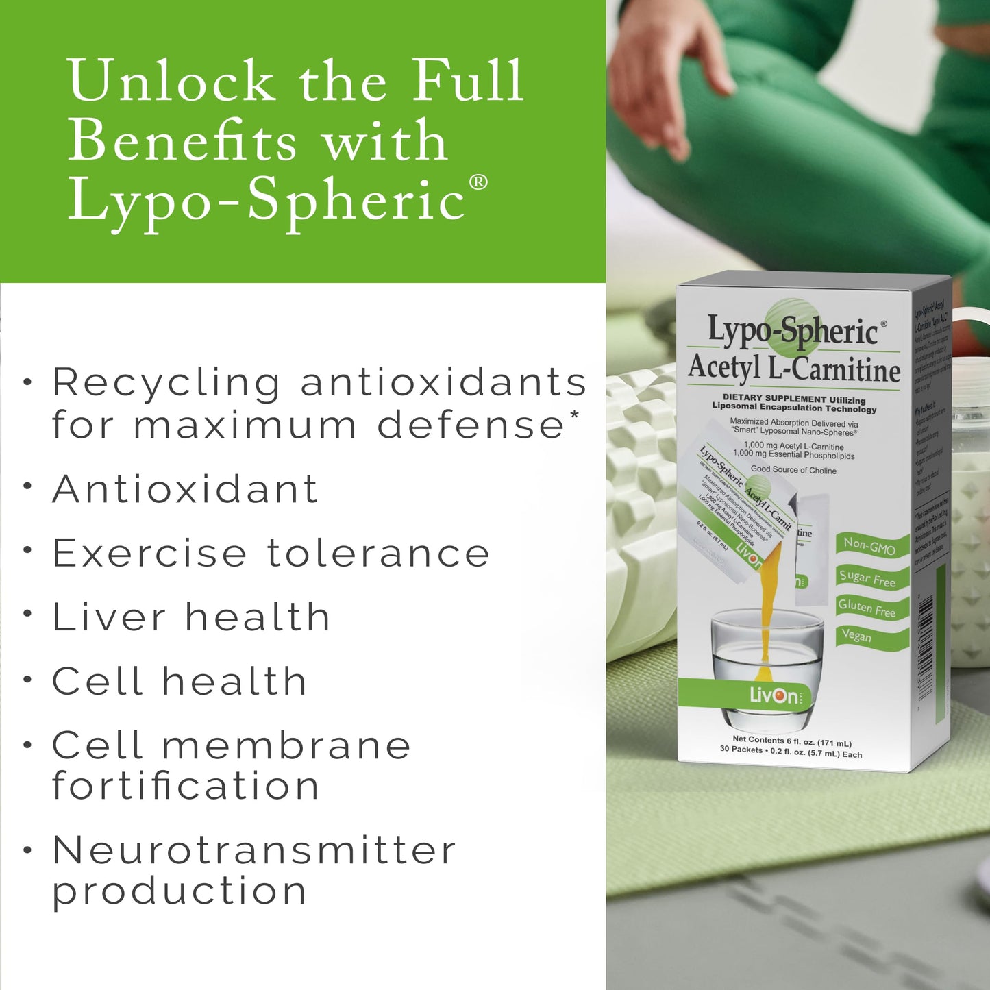 LivOn Laboratories Lypo-Spheric Acetyl L-Carnitine - 30 Packets - 1,000 mg Acetyl L-Carnitine & Essential Phospholipids Per Packet - Liposome Encapsulated for Maximum Bioavailability - 100% Non-GMO