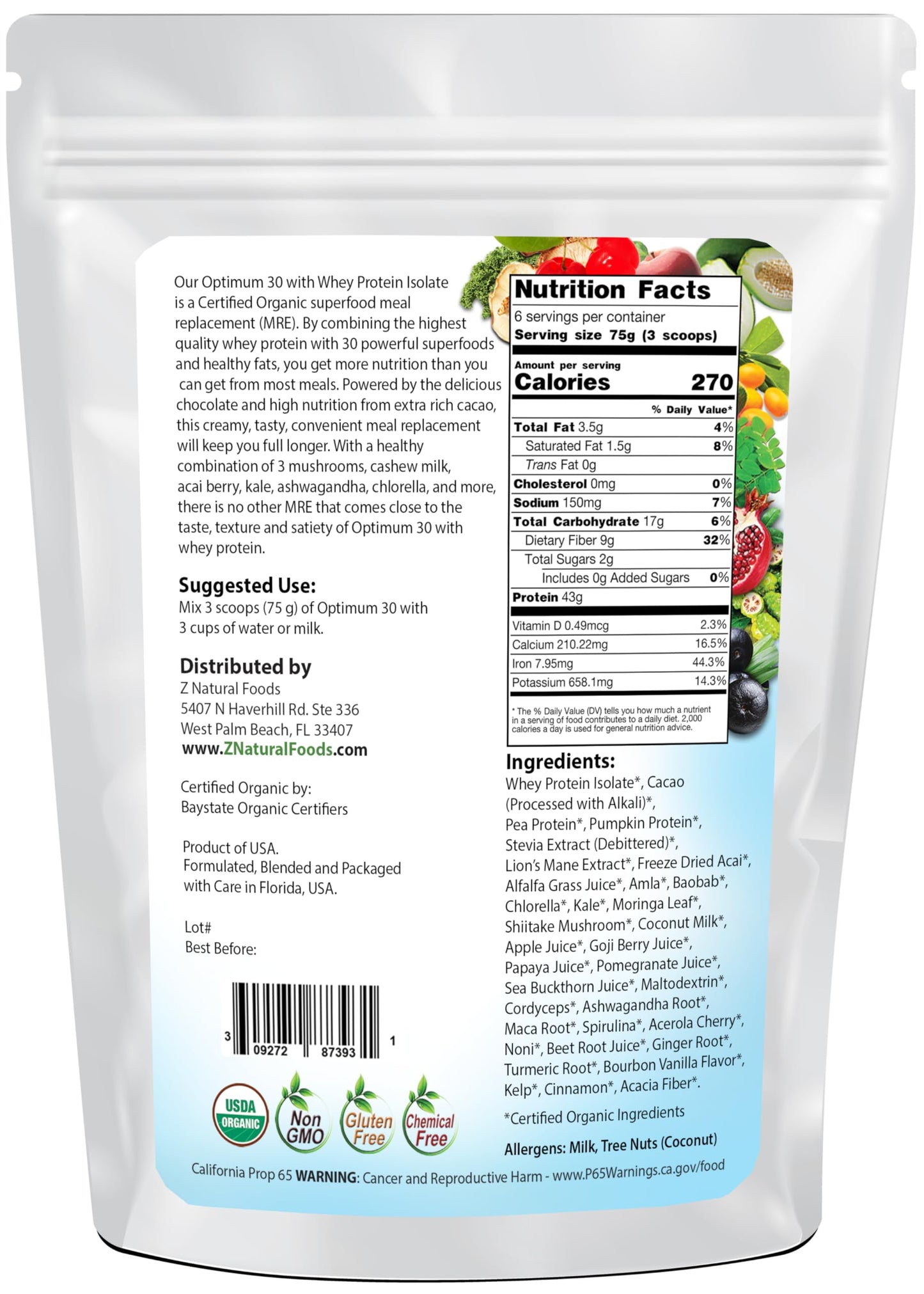 Z Natural Foods Optimum 30 Organic Chocolate Whey Meal Replacement Powder