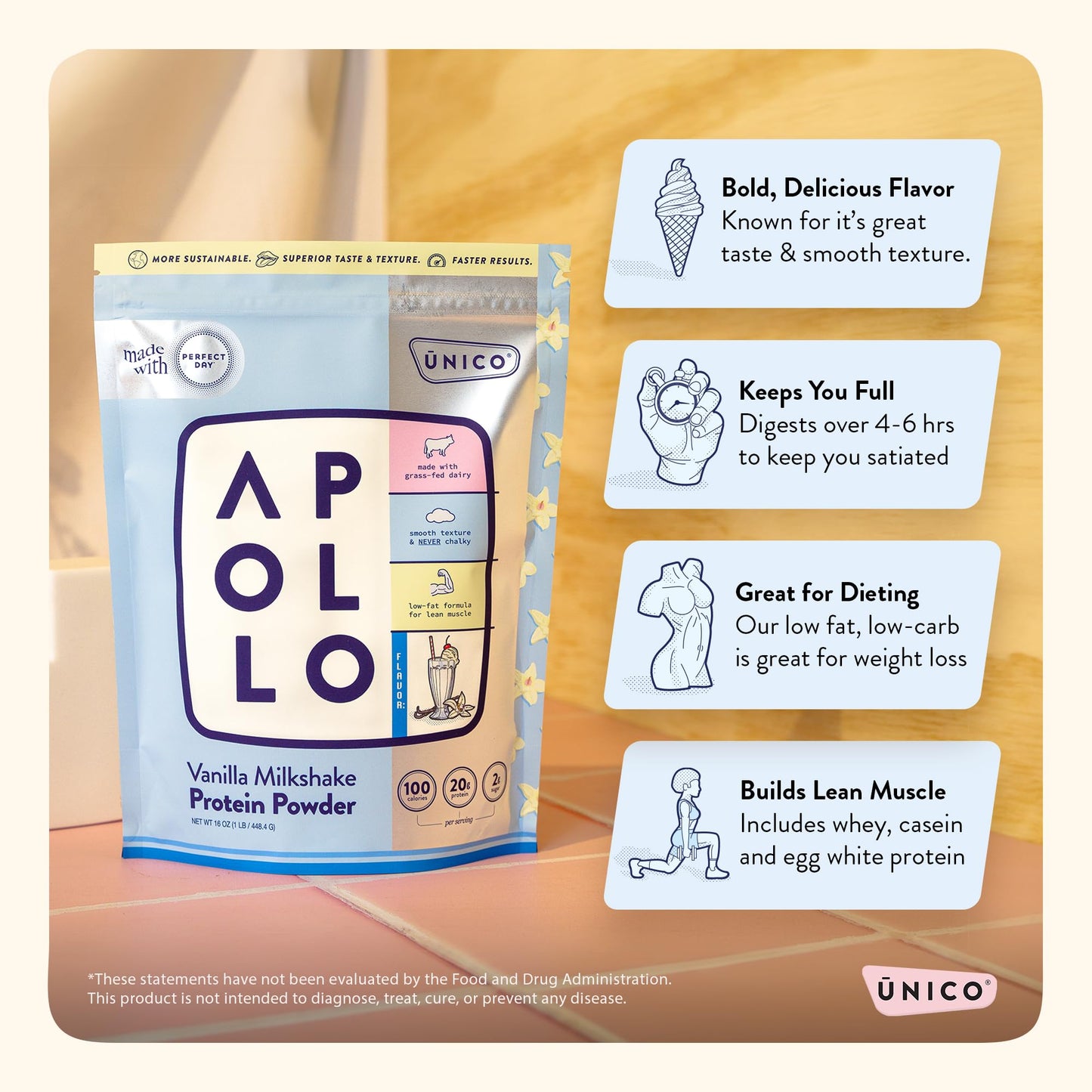 Unico Apollo Vanilla Milkshake Protein Powder - 100 Calories - 20g Protein - 0g Sugar - Non-Chalky & Easy to Digest - Whey/Casein Blend - Keeps You Full & Reduces Cravings | Great for Weight Loss