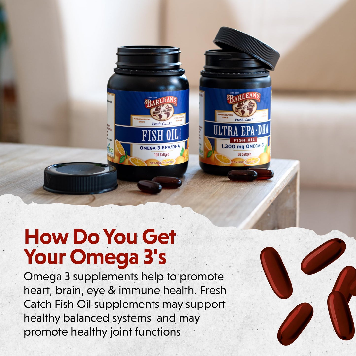Barlean's Fish Oil Omega 3 Supplement, EPA and DHA Fatty Acid Softgels, 1000mg Orange Flavored Fish Oil Pills, 100 Count