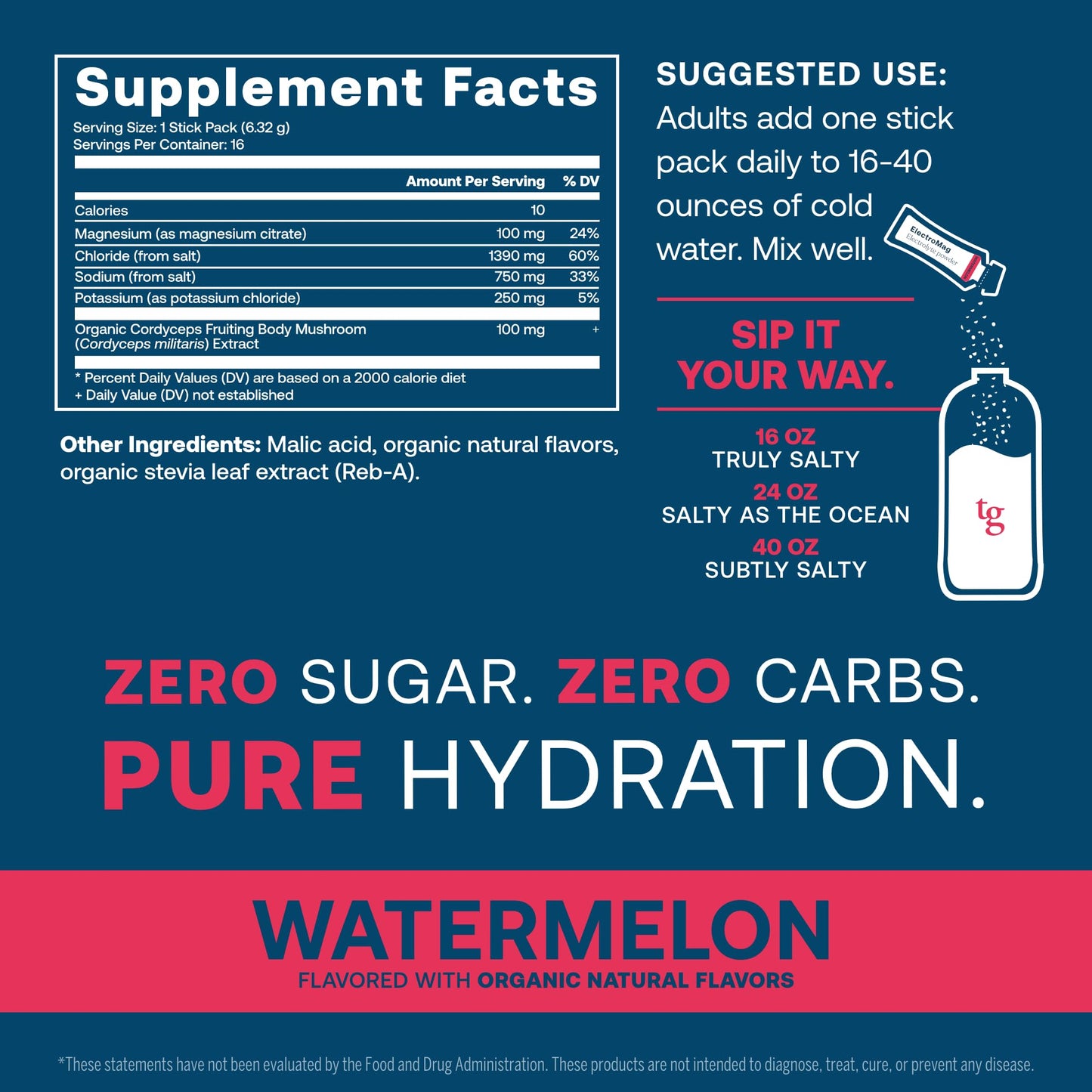 True Grace ElectroMag - 16 Stick Packs - Watermelon - Electrolyte Powder for Rapid Hydration - Sodium, Potassium, Magnesium & Cordyceps - Zero Sugar & Carbs - Non-GMO - 16 Total Servings