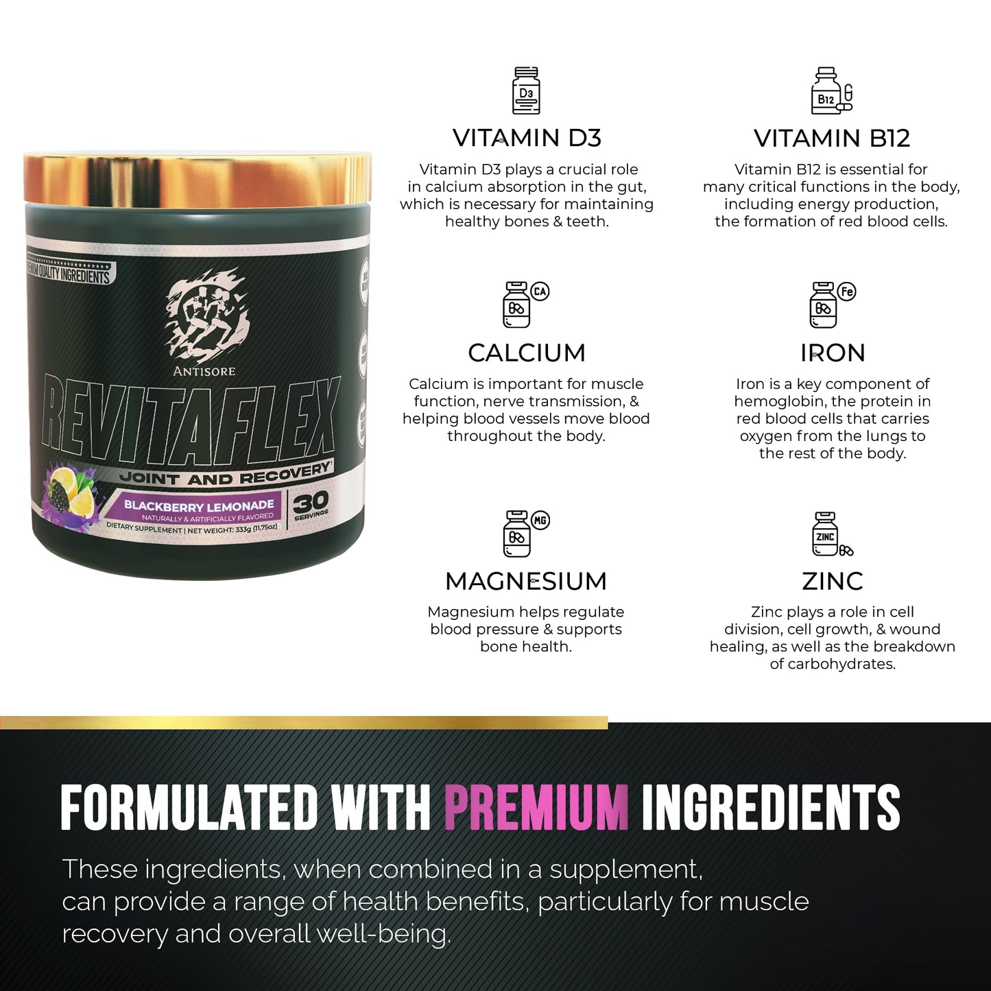AntiSore Revitaflex - Premium Joint & Muscle Recovery Supplement, BlackBerry Lemonade Flavor, Made in USA, Natural Ingredients, Fast-Acting Formula - 30 Servings (BlackBerry Lemonade)
