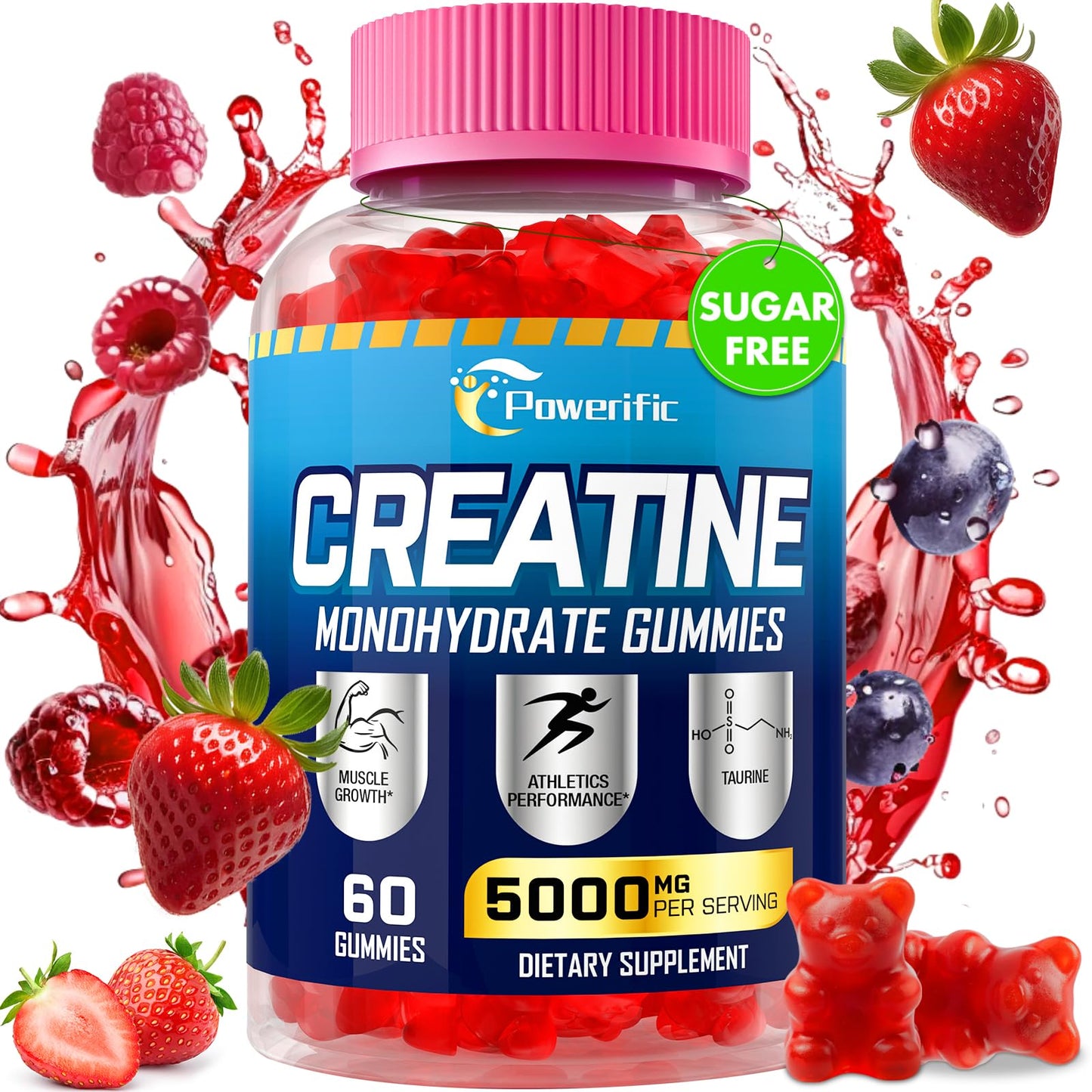 Creatine Monohydrate Gummies for Men & Women Pre Workout Gummies with Taurine, Vitamin B6 & B12 Creatine Monohydrate Chewable for Increase Strength, Energy, Endurance, Muscle, Vegan, Organic